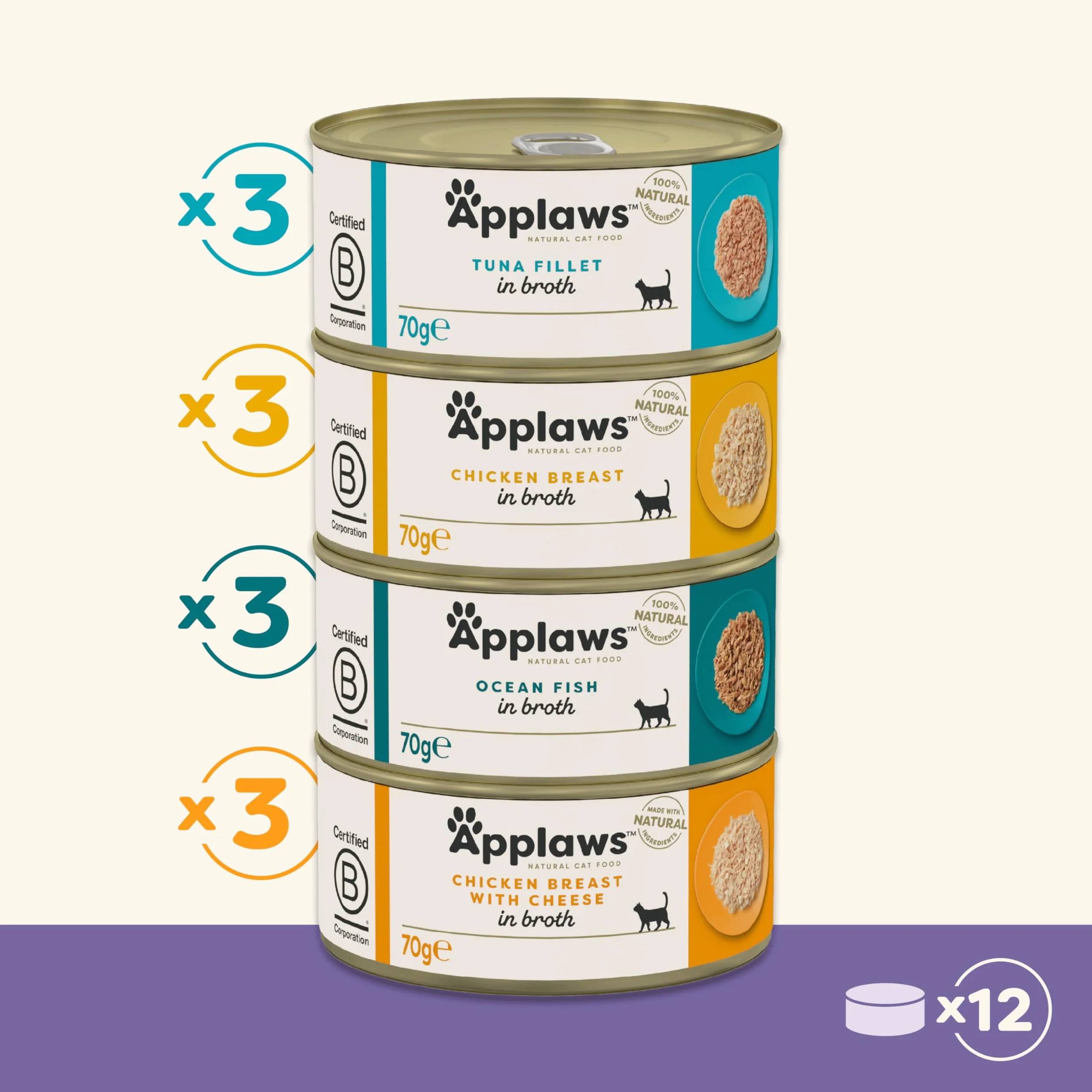 Applaws Comida Húmeda para Gatos Adultos en Caldo - Atún, Pollo y Pescado del Océano - Paquete 12x70g
