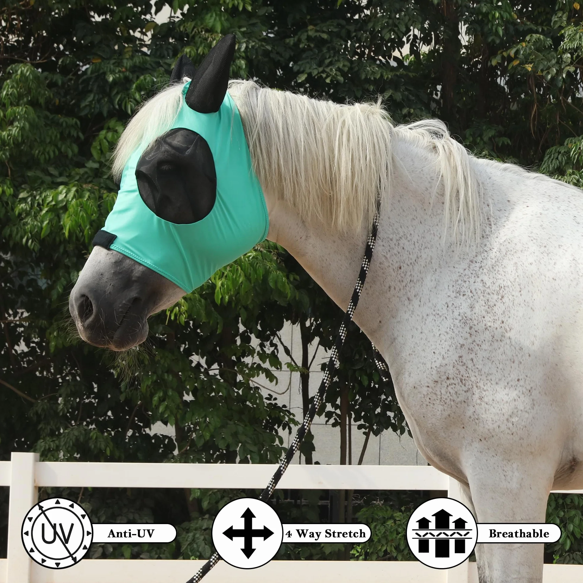 Máscara antimoscas para caballo, gran espacio para los ojos con orejas, súper cómoda, elástica, protección UV para caballo, mazorca verde