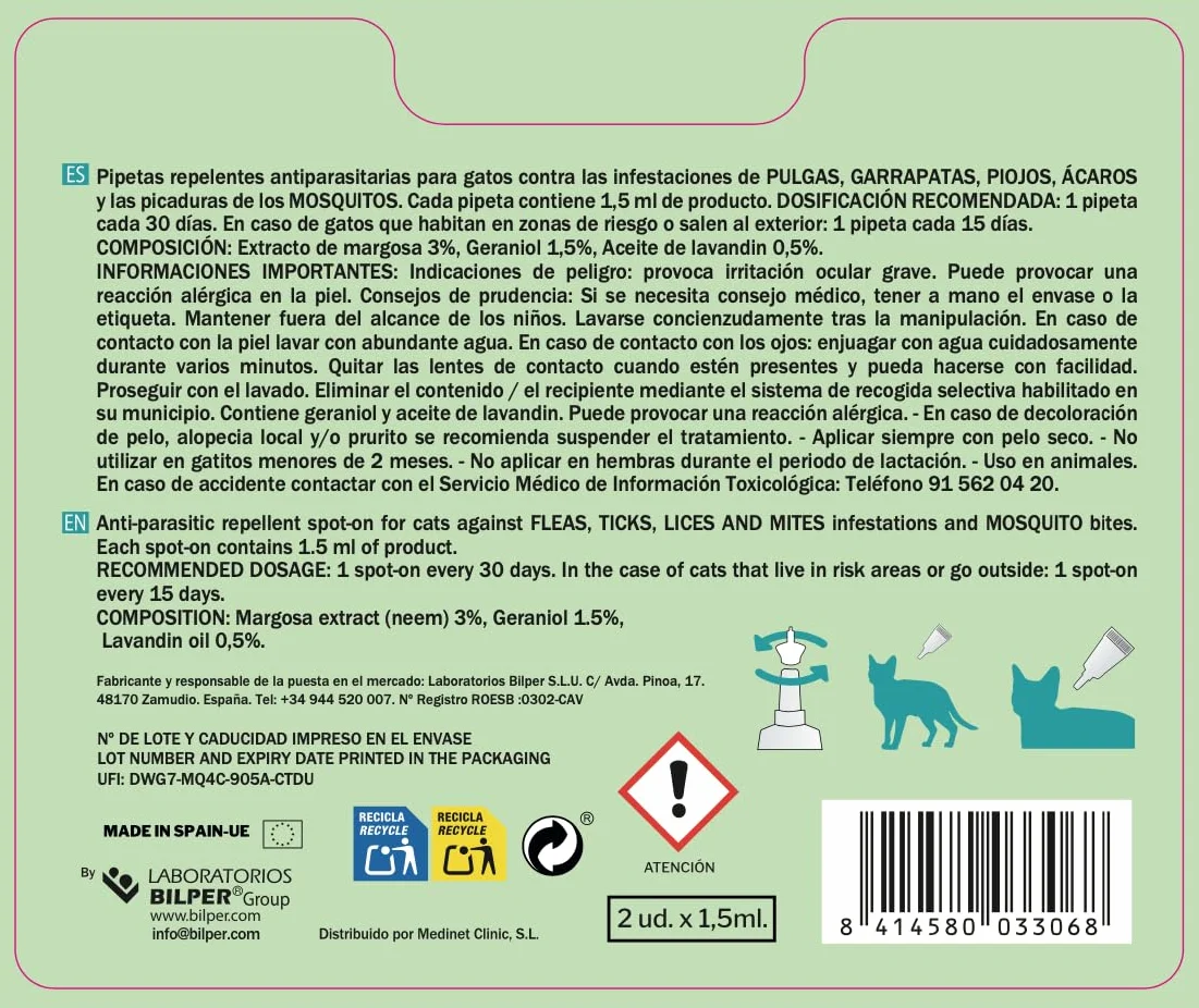 Pipetas Anti-Insectos para Gatos - Pack 2 Blister (4 Pipetas Total) - Activos 100% Naturales - Contienen Margosa, Geraniol, Lavandino - Ingredientes Naturales - Pulgas, Garrapatas e Insectos