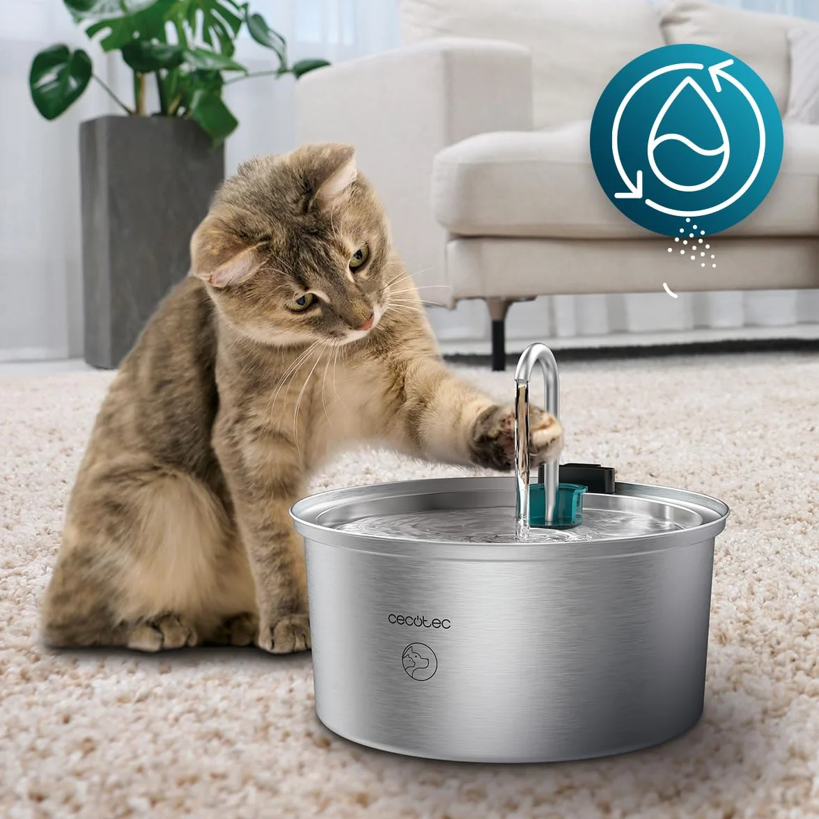 Cecotec Fuente para Gatos Automática Mascotas Pumba 3200 Refresh INOX. Capacidad de 3,2L, Acero Inoxidable, Filtro Alto Rendimiento, Silenciosa, Diseño de Cascada, IPX4, Fácil Limpieza