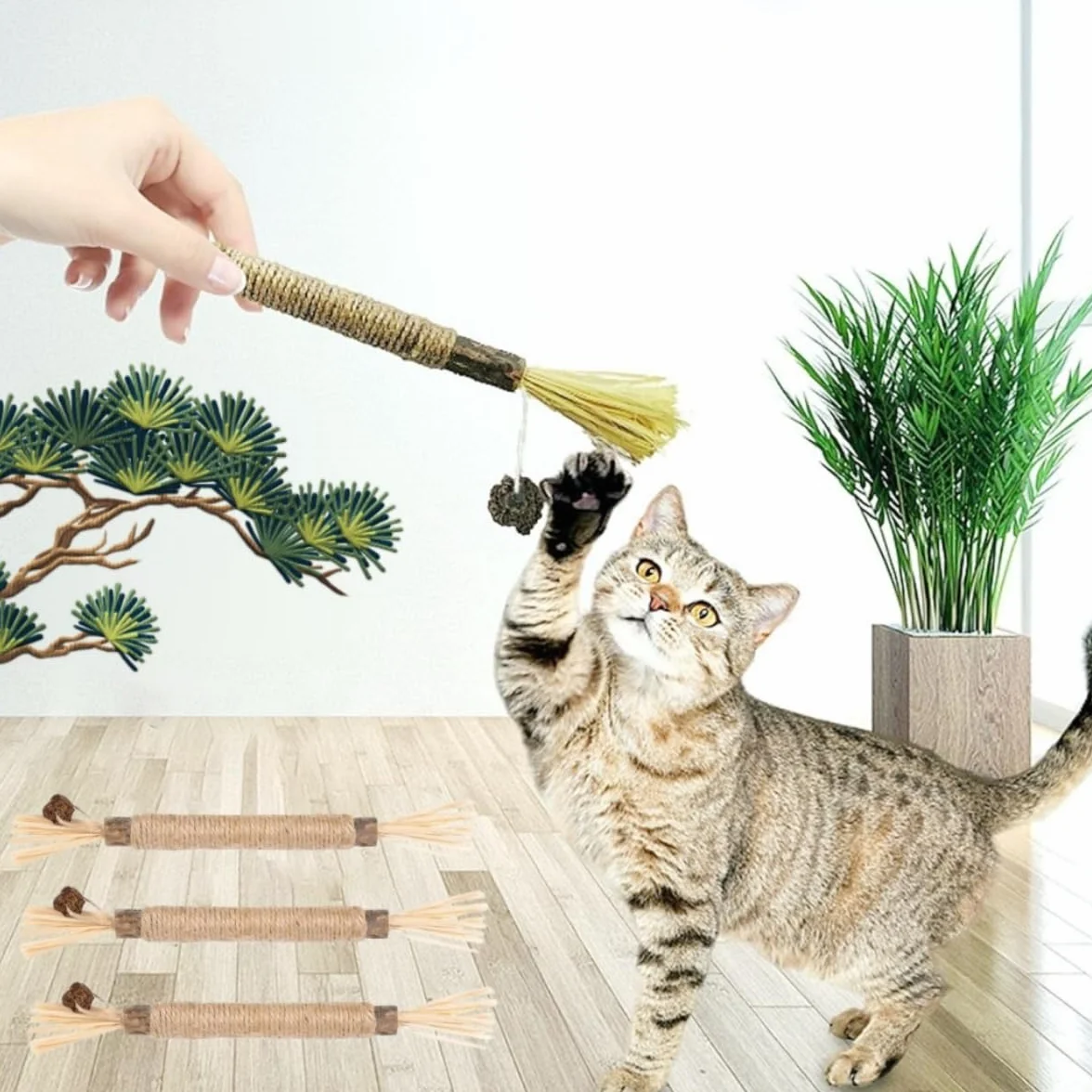 Juguetes para Masticar para Gatos,6 Piezas Palitos Masticables Naturales,para Limpieza Dental e Higiene Bucal,Juguetes Interactivos para Gatitos y Gatos Adultos