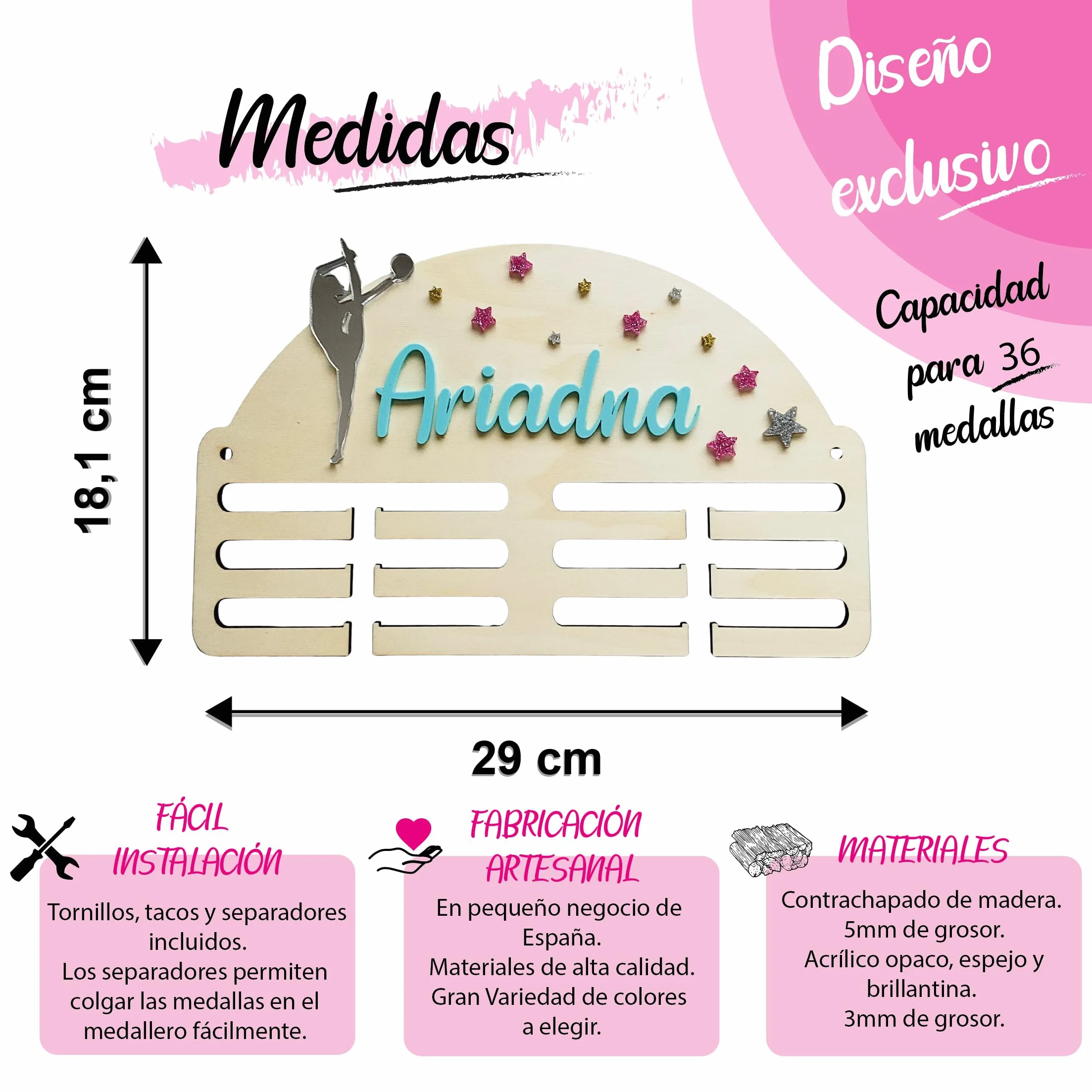Medallero Gimnasia Personalizado Madera Acrílico Nombre
