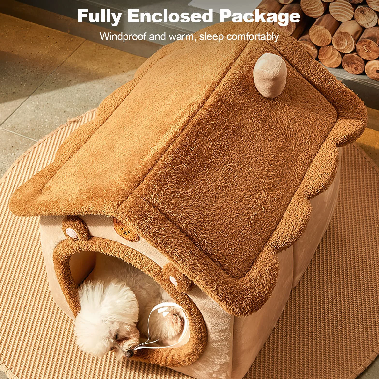 Cama de la cueva del gato, cama lavable para perro, casa cálida y acogedora, plegable cómoda casa para gatos para mascotas, cama para perros con cojín extraíble (L, marrón)