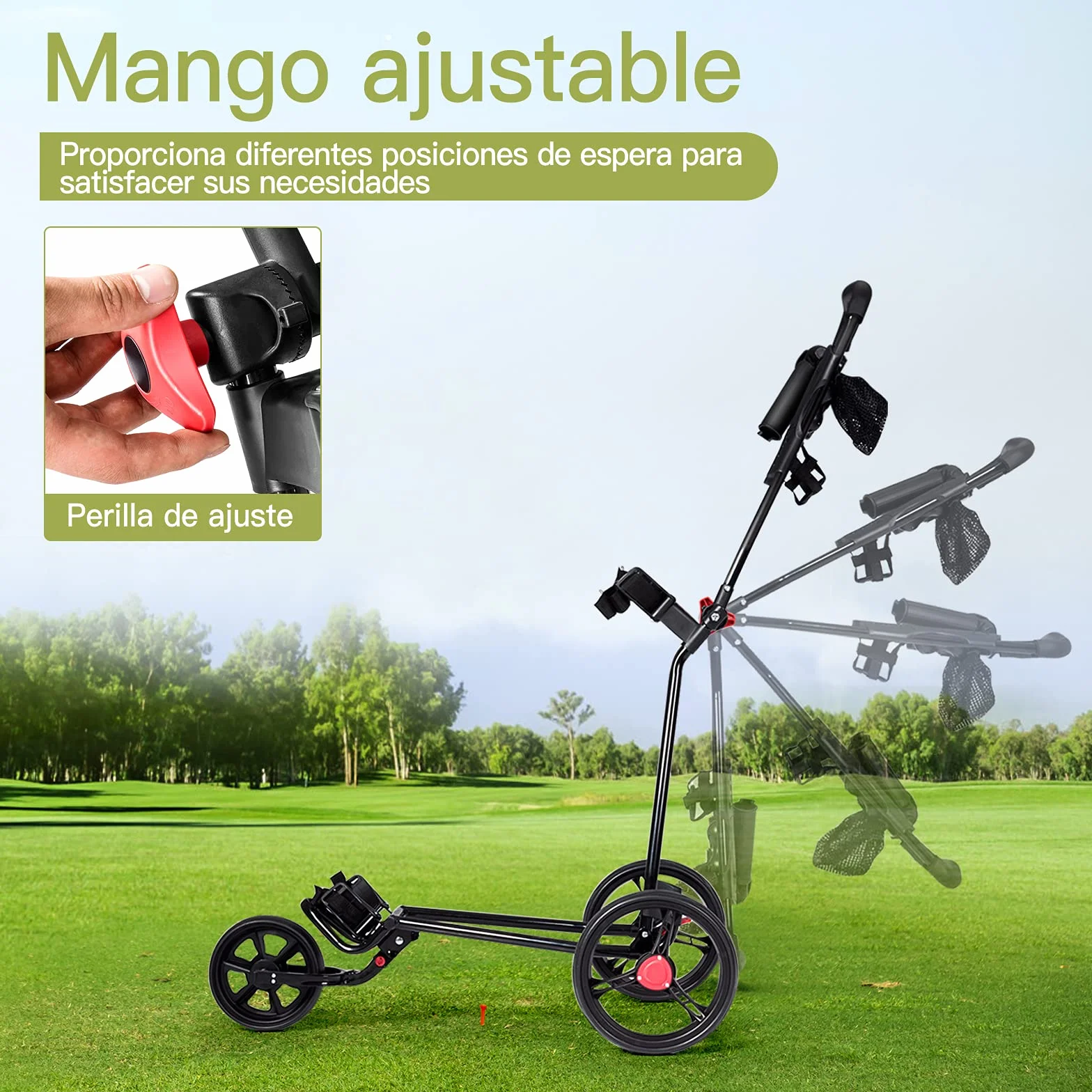 GYMAX Carro de Golf Plegable, 3 Ruedas, Red de Malla, Soporte Paraguas, Hierro, Negro