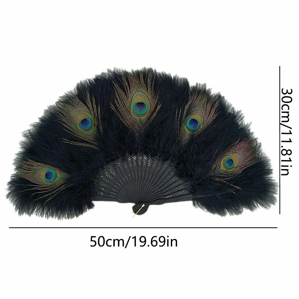 Abanico de plumas de pavo real plegable hecho a mano, decoración de boda, fiesta, baile, cosplay, ventilador portátil (azul)