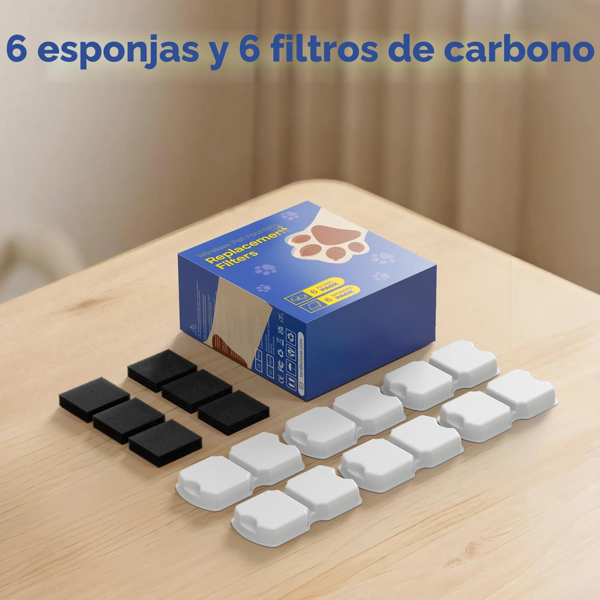 IHOUONE Filtro Fuente para Gatos: 12 Filtros Fuente Gatos - 6 Carbónfiltros + 6 Bebedero Agua Perros Esponjas - Filtración Múltiple - Adecuado para Dispensador Agua Mascota Acero Inoxidable