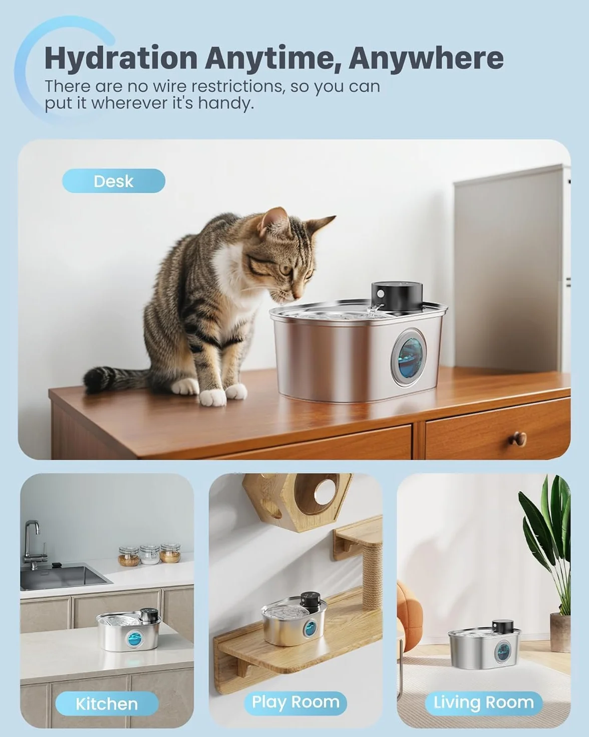 Fuente de Agua Inalámbrica para Gatos: Fuente de Acero Inoxidable para Mascotas, Dispensador Automático de Agua Inalámbrico para Interiores, Botella de Metal para Beber, Cuenco de Agua Recargable