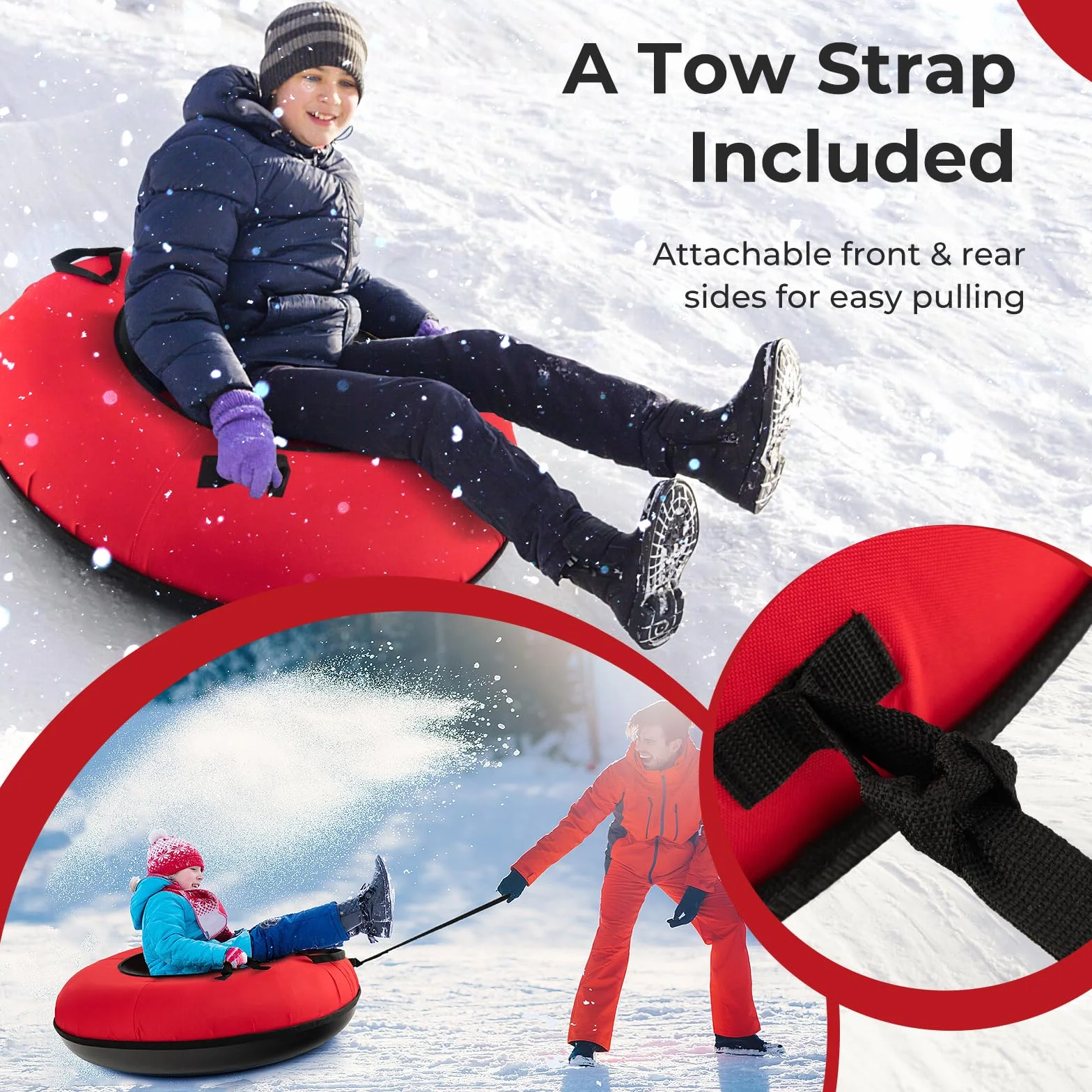 GOPLUS Trineo inflable 100 cm neumáticos de nieve con correa asiento acolchado tubo de nieve tela oxford 200 kg antideslizante para niños