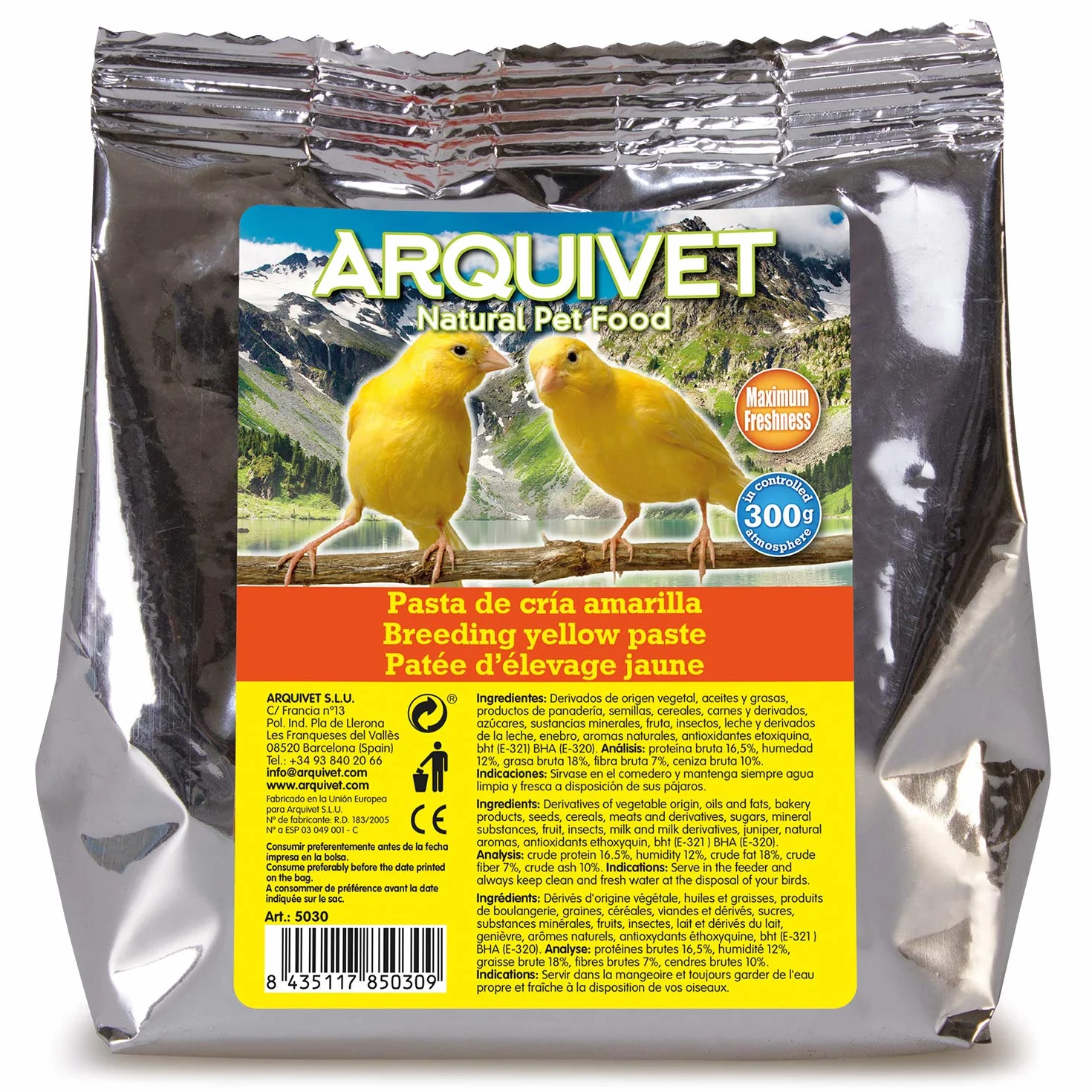 ARQUIVET - Pasta de cría Amarilla y Mantenimiento para pájaros 300 gr - Sabor Neutro - Comida para Todo Tipo de Aves y Especialmente de Plumaje Amarillo
