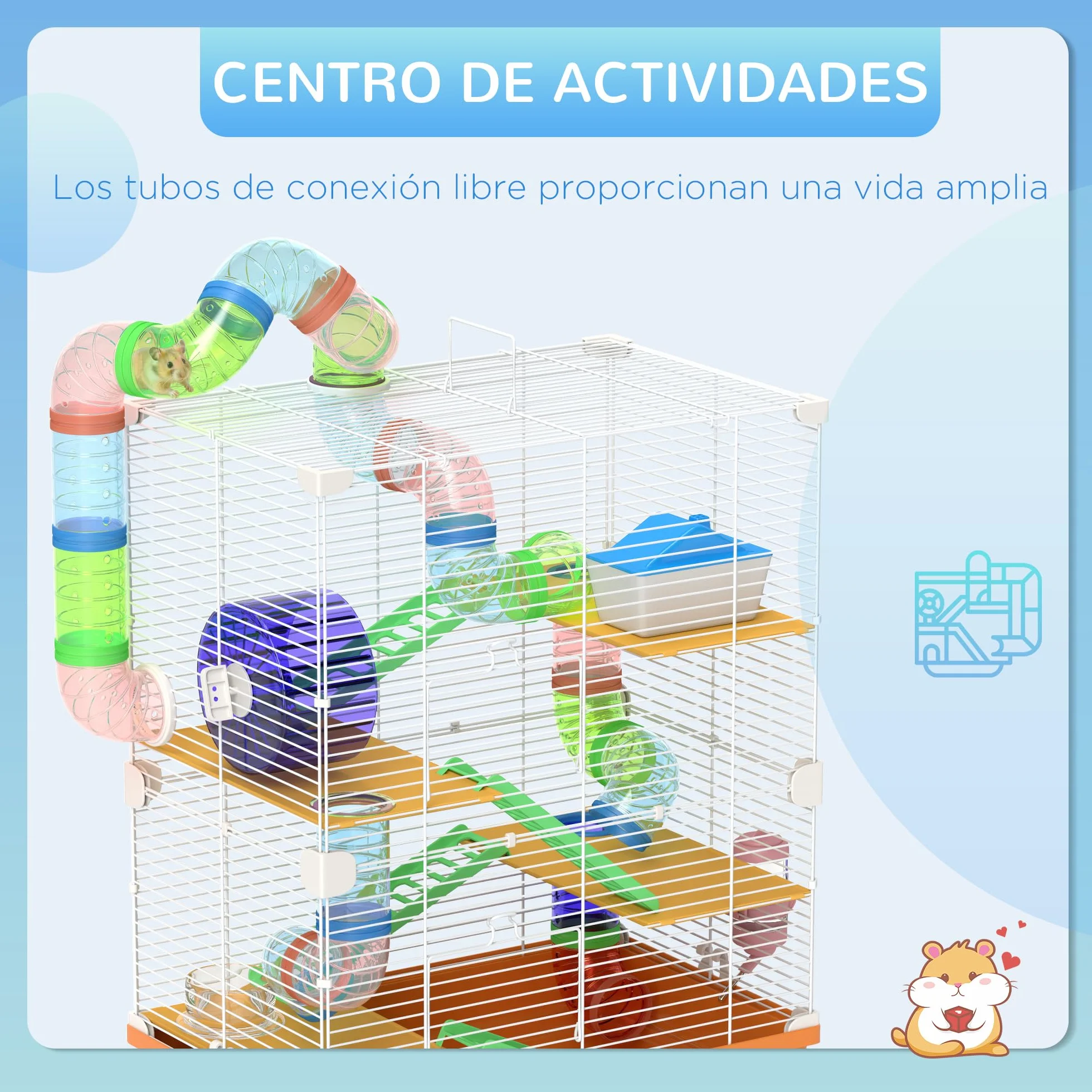 PawHut Jaula para Hámster de 5 Niveles, Casa para Roedores Pequeños con Túnel, Plataformas, Cuenco, Bebedero, Casita, Rampas y Rueda de Ejercicio, para Jerbos, 46x30x58 cm, Naranja