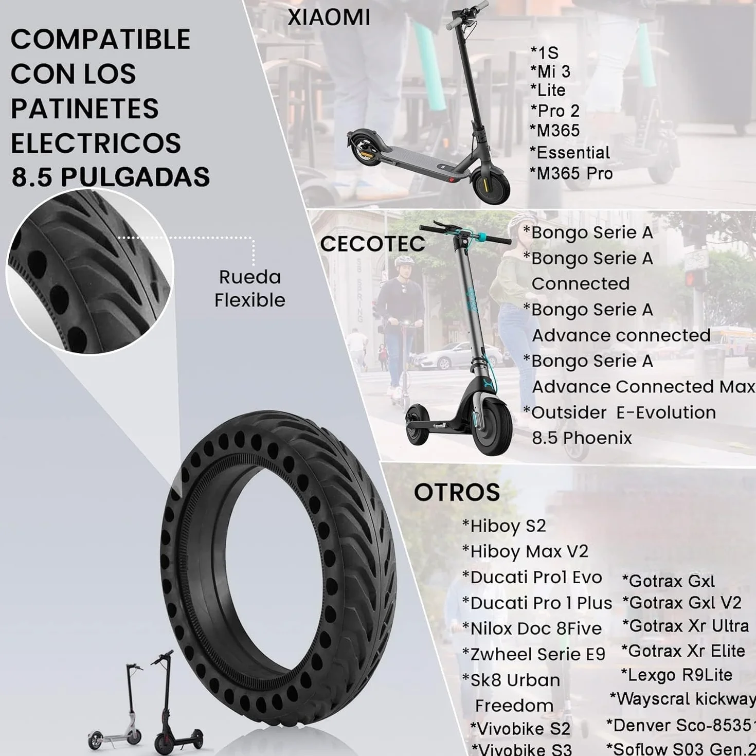 ANSENI Rueda para Patinete Maciza 8.5x2 Pulgadas Antipinchazo Compatible con Xiaomi Scooter M365/M365 Pro