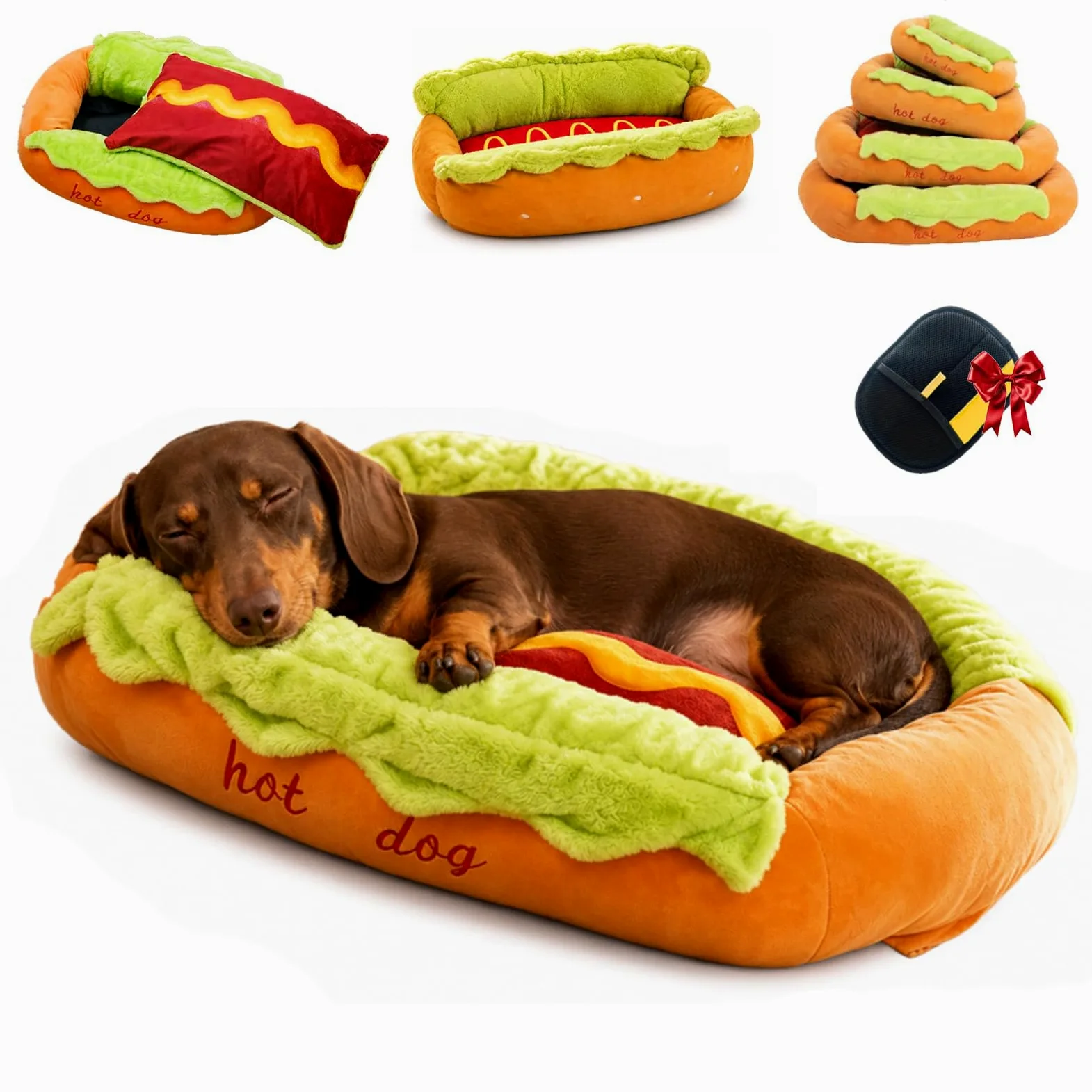 Cama Hot Dog para Perro Salchicha, Sofá de Peluche en Forma de Pan para Perros Pequeños y Gatos, Colchoneta Extraíble Lavable y Base Antideslizante (Hot Dog Bed,XL)