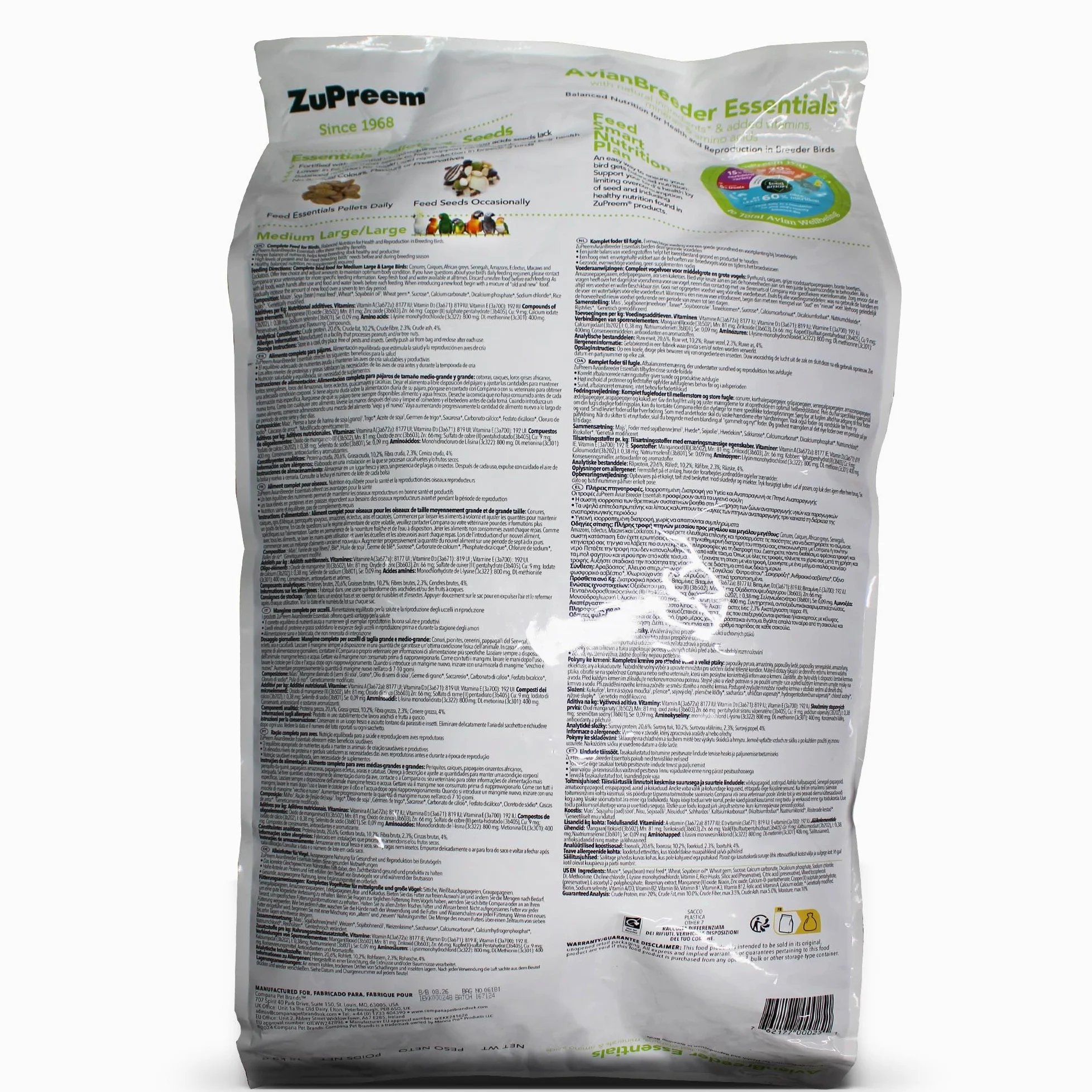 ZuPreem Essentials Breeder Alimento para Aves de Tamaño Mediano-Grande y Grande - Pienso para Pájaros Indicado para la Cría de Cotorras, Loros Grises, Guacamayos, Cacatúas y Caiques -18 kg