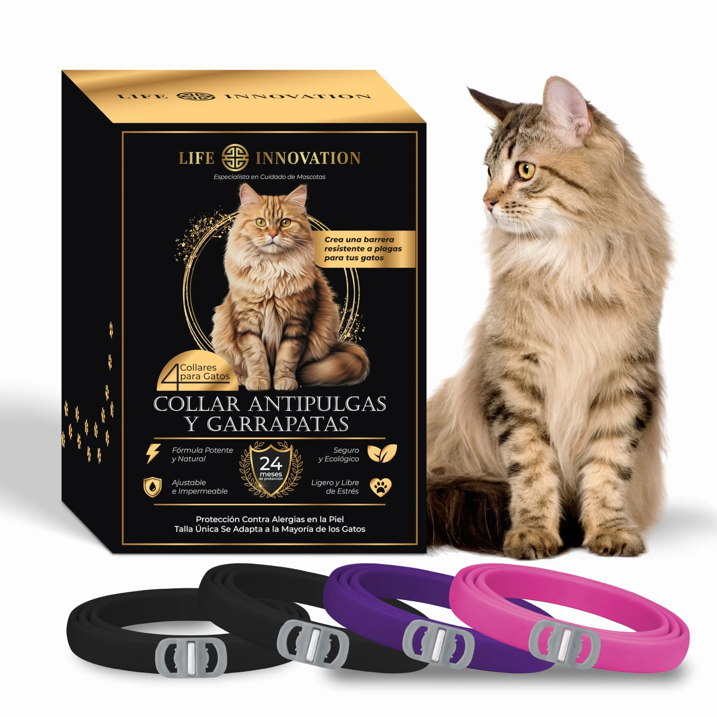 Pack de 4 Collares Antiparasitarios para Gatos, 24 Meses de Protección contra Pulgas, Garrapatas y Mosquitos – 100 % Natural, Impermeable, Ajustable, para Todos los Tamaños.