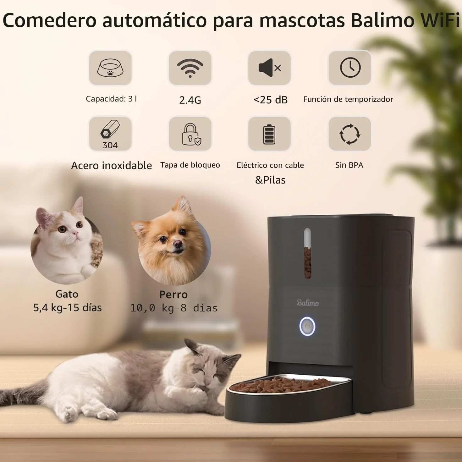 Balimo Comedero Gato Automatico, 2.4G WiFi Dispensador Comida Gatos, 3L Comedero Automatico Gato, Bol de Acero Inoxidable 304, 1 a 10 Comidas, Negro