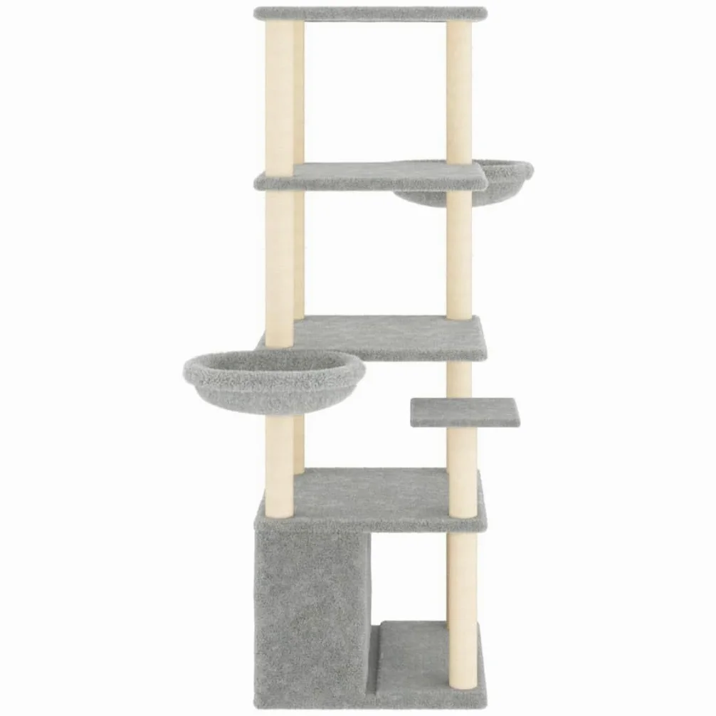 Árbol trepador de 147 cm de alto con 2 cuevas y troncos de sisal, color gris claro | Mueble para gatos de varios niveles para el salón con cómodas superficies de descanso de felpa suave y base resistente.