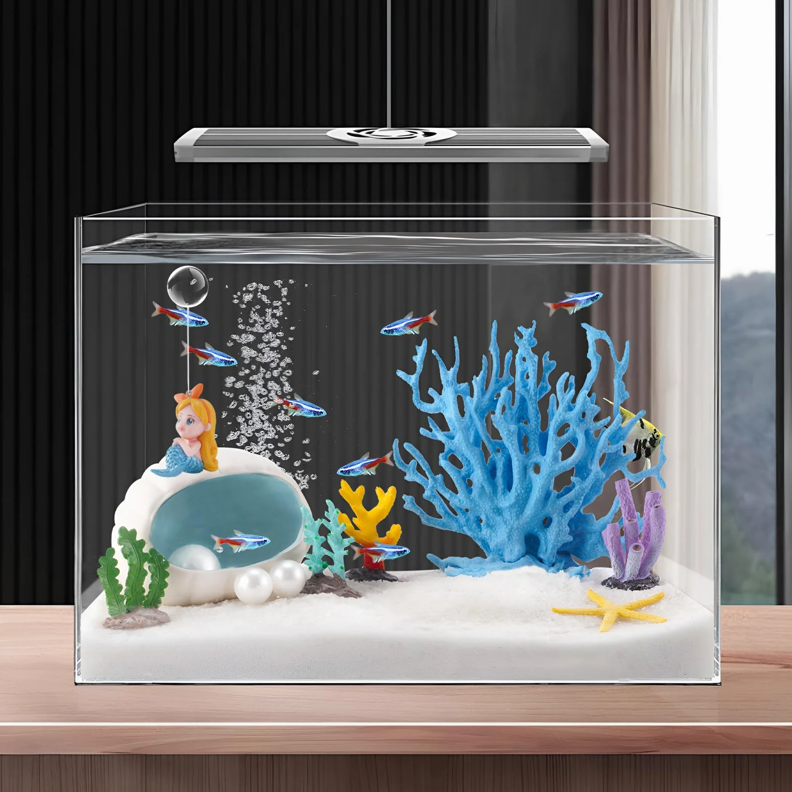 Yawkey Juego de decoración de acuario: corales vibrantes, estrellas de mar, conchas con perlas y figuras de sirena: solución única de paisajismo acuático para una escena submarina mágica (azul)