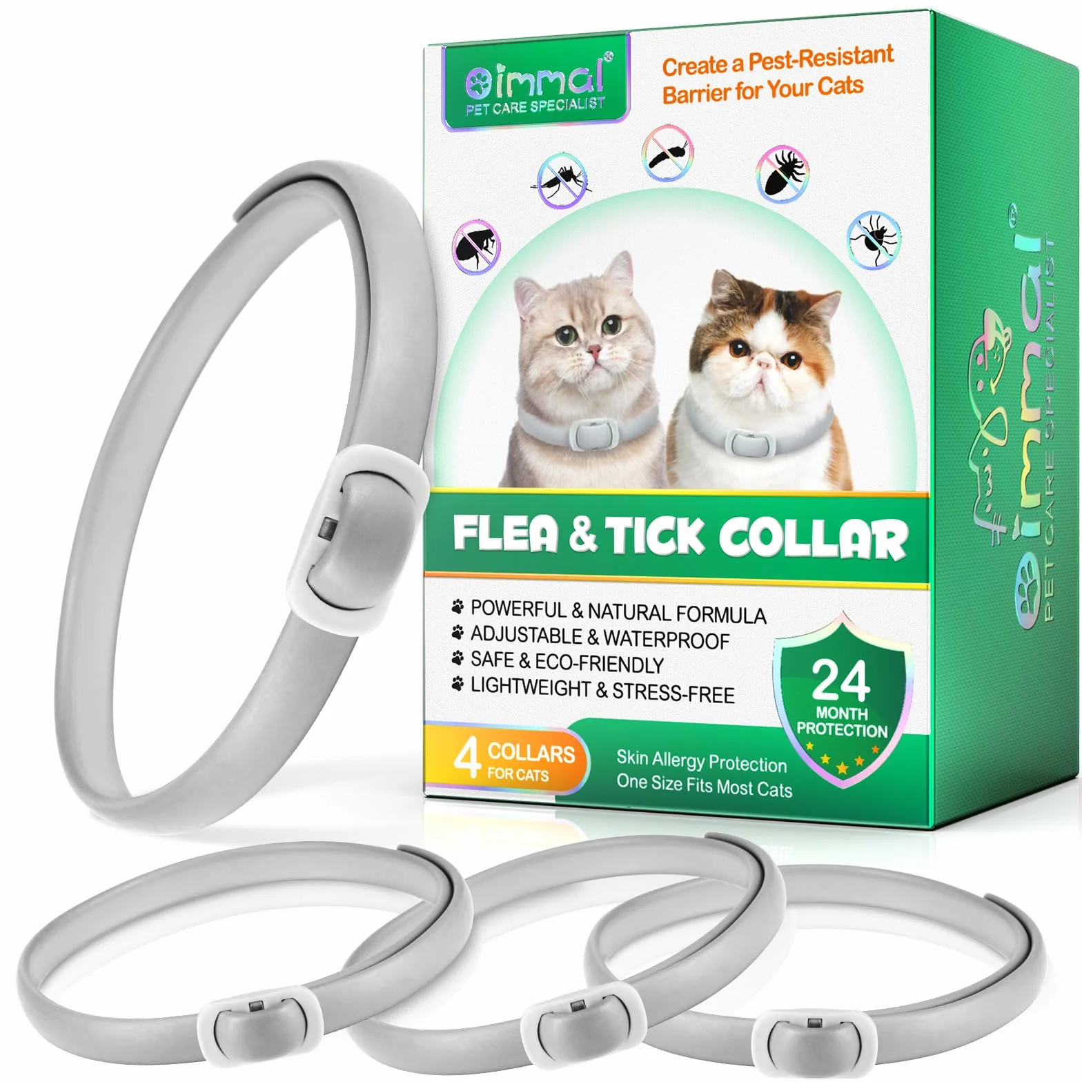 Collar contra pulgas y garrapatas para gatos (paquete de 4),tratamiento contra pulgas,ingredientes extraídos naturales,collar para gatos,ajustable,impermeable,antipulgas garrapatas,protección 24 meses