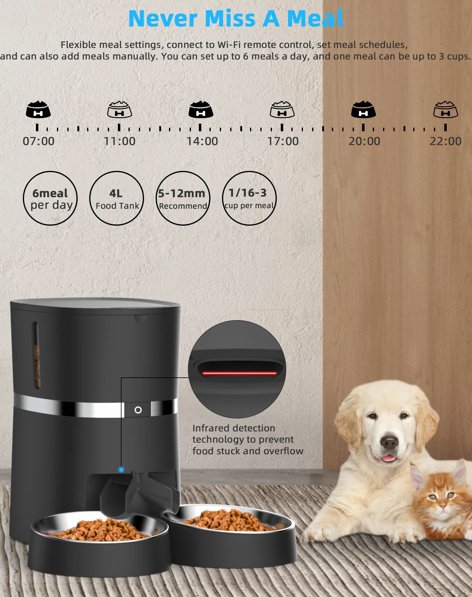 2.4G WiFi Comedero Automático para Gatos y Perros & Múltiples Mascotas,Dispensador de Comida con Control Remoto de Aplicación,10s grabación de Voz,Programable Tiempo de la Comida y Porciones