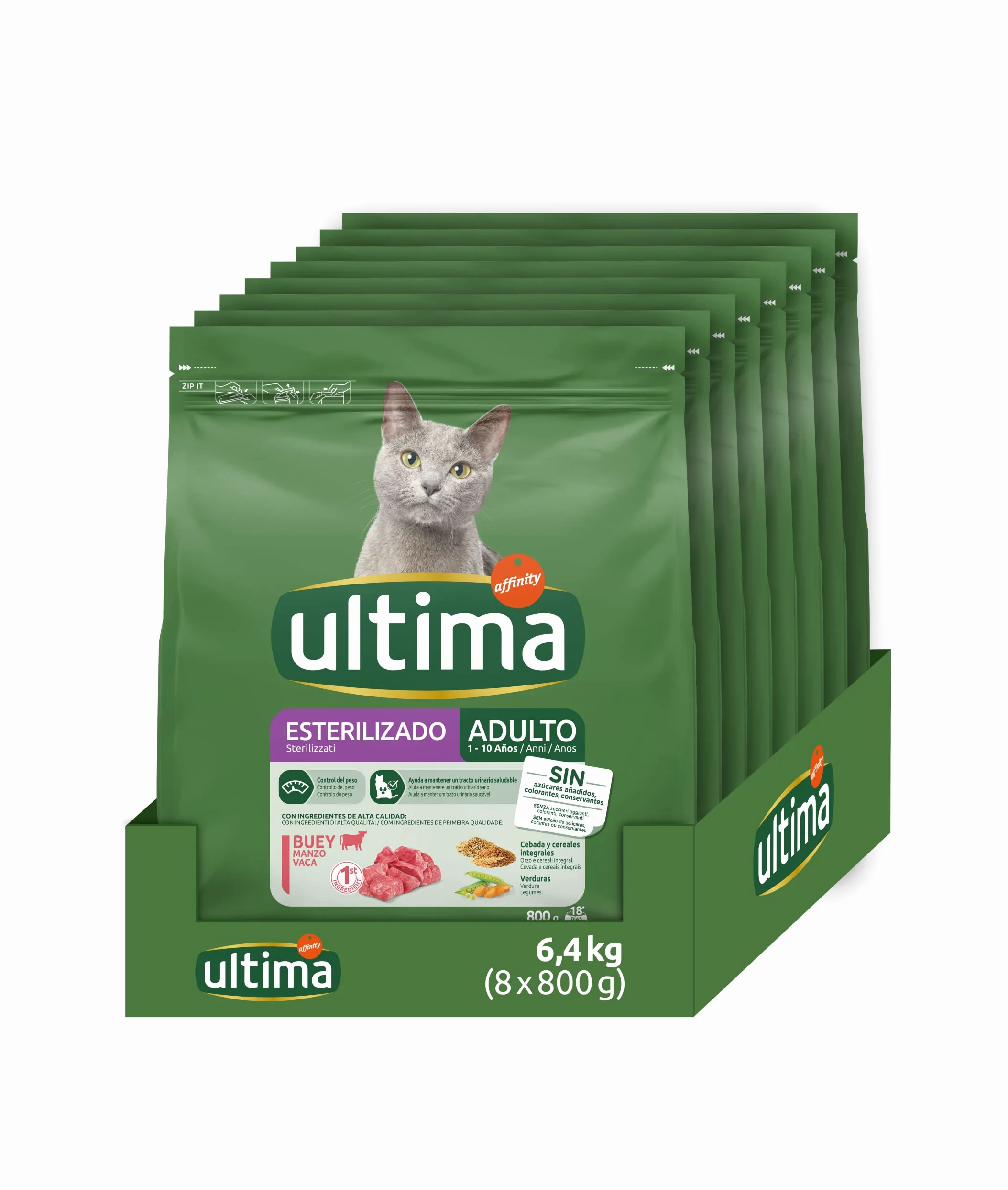 ultima Pienso para Gatos Esterilizados Adultos con Buey, Pack de 8 x 800g - Total: 6.4kg & Pienso para Gatos Esterilizados Adultos con Salmón 4 x 1.5 kg