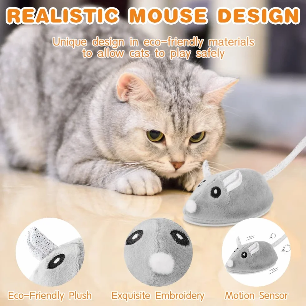 Ratón de Juguete Eléctrico, Juguete Eléctrico para Gatos Peluche Ratones, Inteligente Automático Ratones de Juguete para Gatos con Cola Emplumada, Carga USB Ratones Juguete de Gato Interactivo