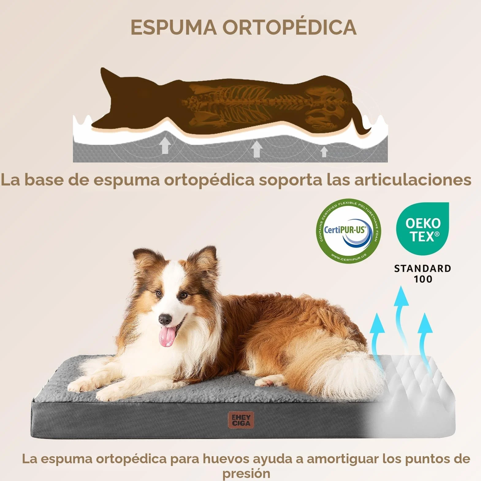 EHEYCIGA Cama Perros Grande Ortopédica, 89x58x9cm Colchon Perro con Espuma De Caja De Huevos, Colchoneta Perro Lavable, Dog Bed, Gris