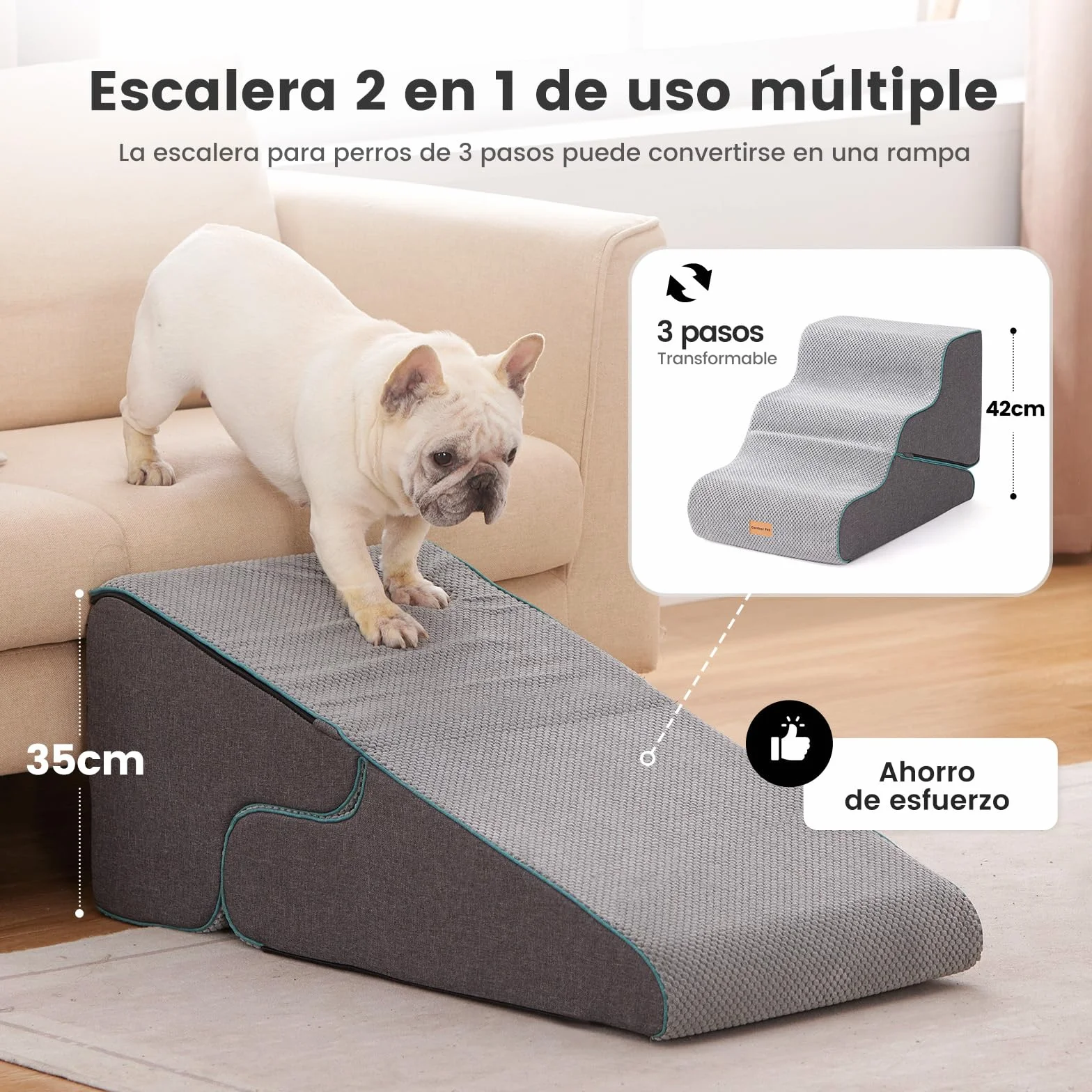 Gardner Pet Escaleras para Perros 2 en 1, Altura 42cm, con Tres Peldaños de Espuma de Alta Densidad y Diseño Antideslizante para Facilitar el Acceso a Sofás y Camas - Gris