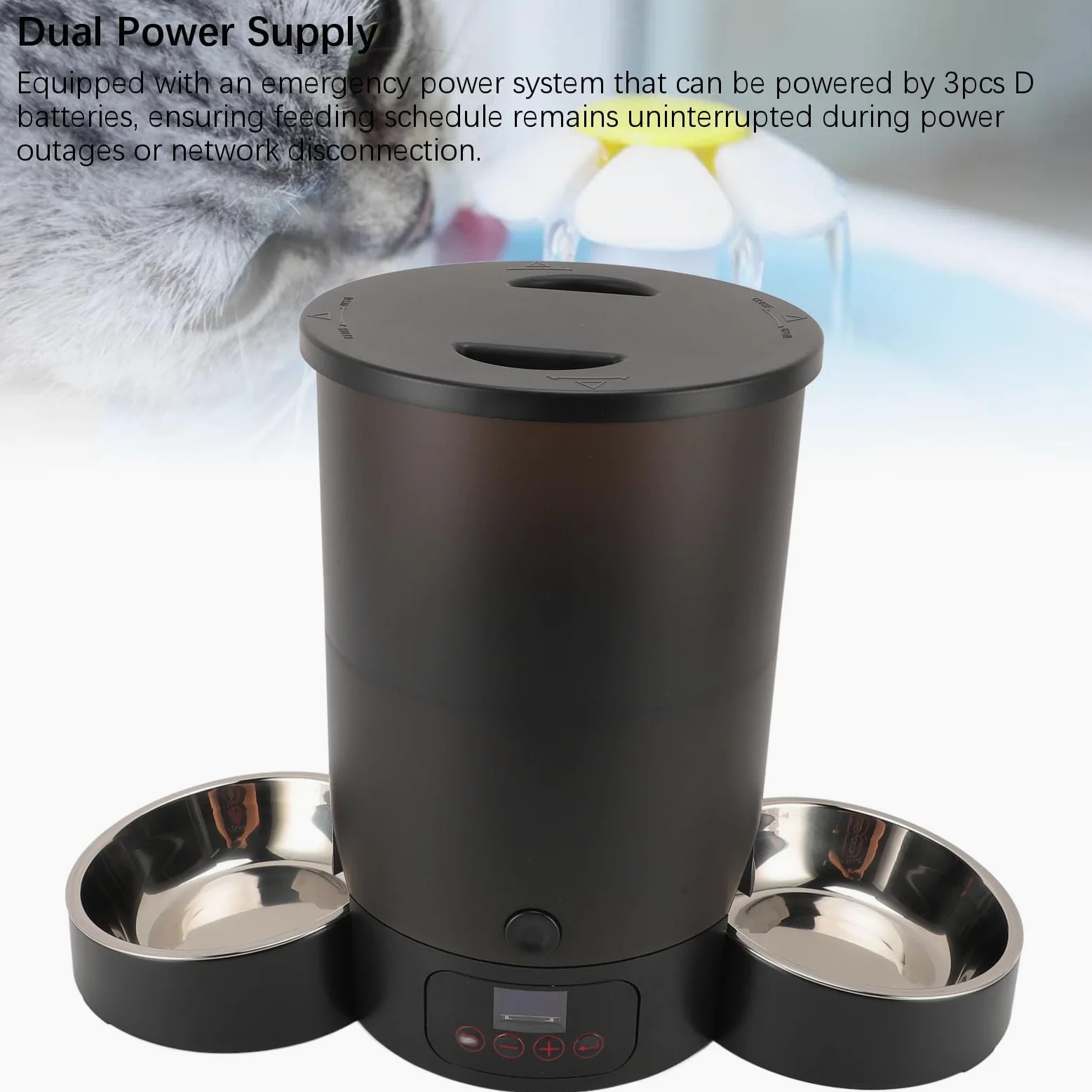 Comedero Automático para Gatos Gran Capacidad Doble Tazón Fácil de Limpiar Dispensador de Alimentos Temporizado para Gatos y Perros Acero Inoxidable 3L (Negro)