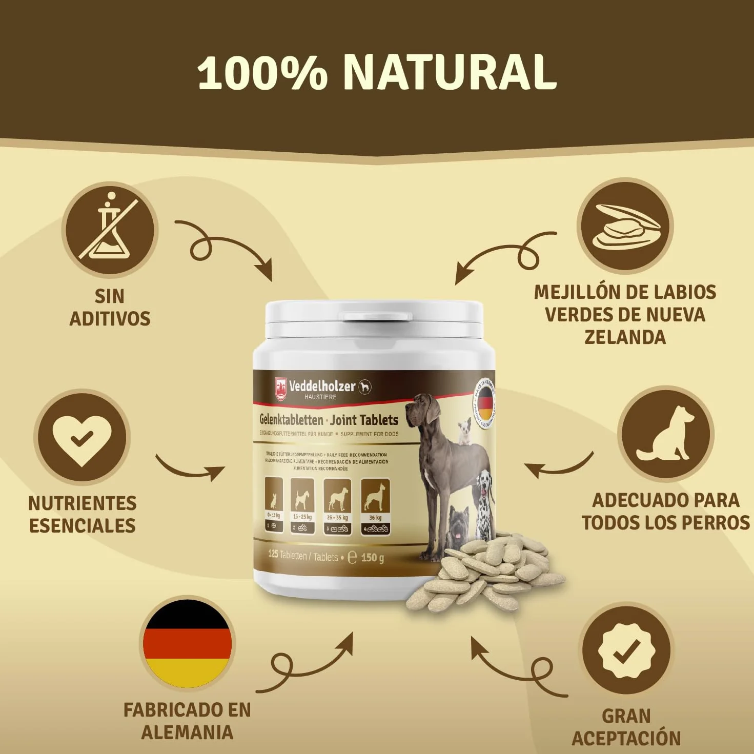 Veddelholzer condroprotector glucosamina MSM colágeno hialurón 125 cápsulas perros articulaciones