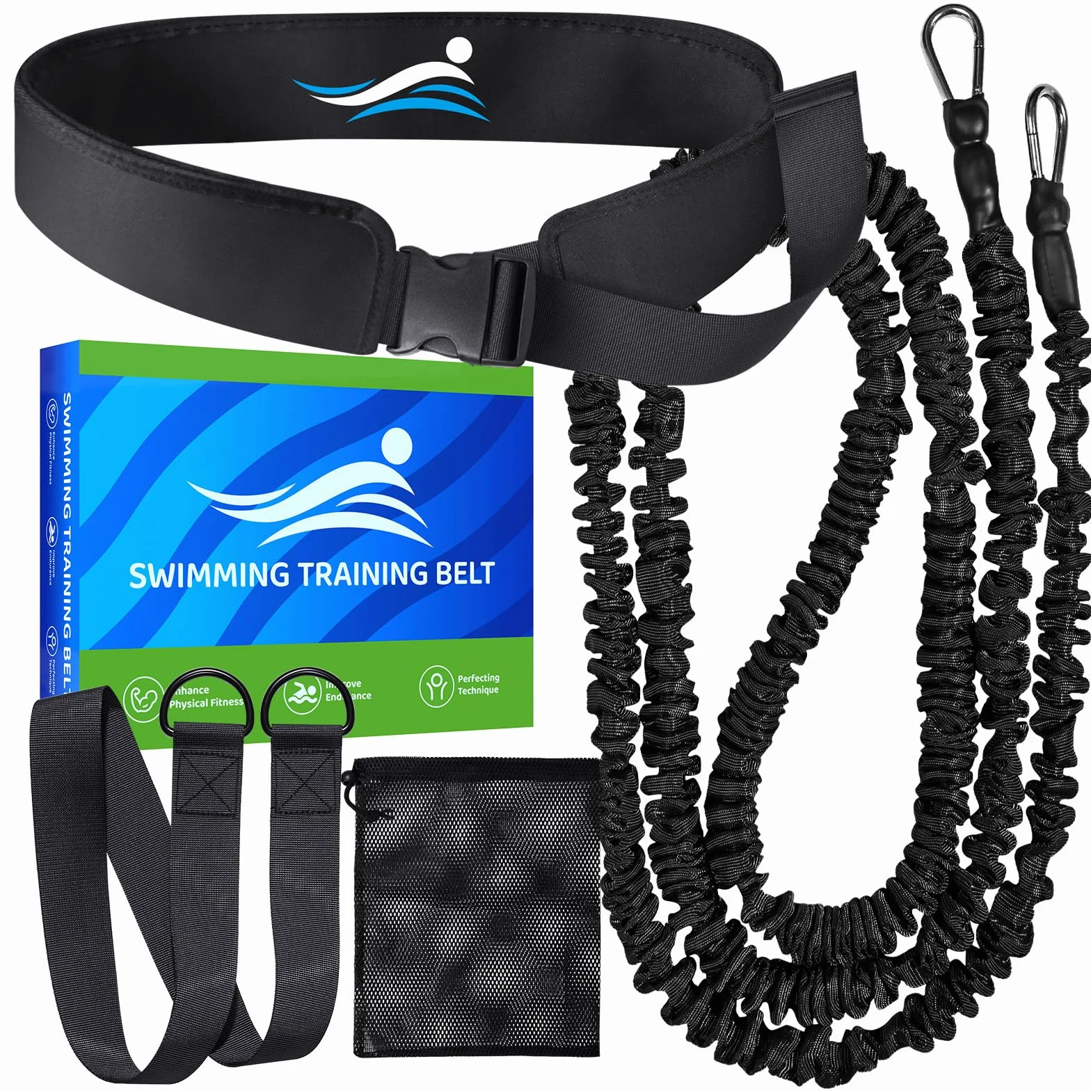 Cinturón de natación profesional con resistencia ajustable, cuerda de 2,5-7,5 m, para adultos y niños (Azul)