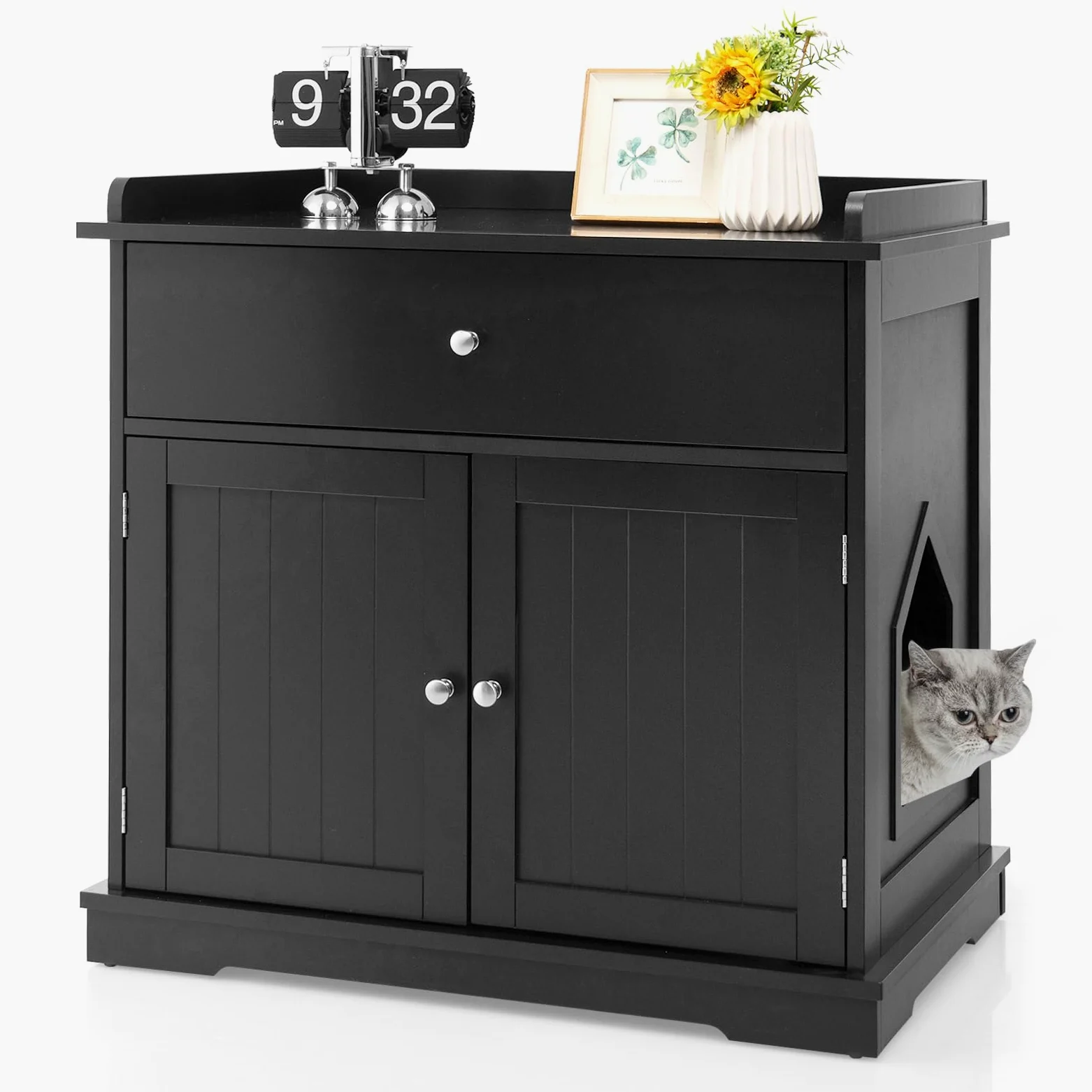 GOPLUS 3 en 1 Mueble Arenero para Gatos, Caja de Arena para Gatos con Cajones, Aseo Cerrado para Gato con Puertas Dobles y Agujeros, Casa de Mascotas Interior, Mesa Auxiliar con Lavabo Oculto (Negro)