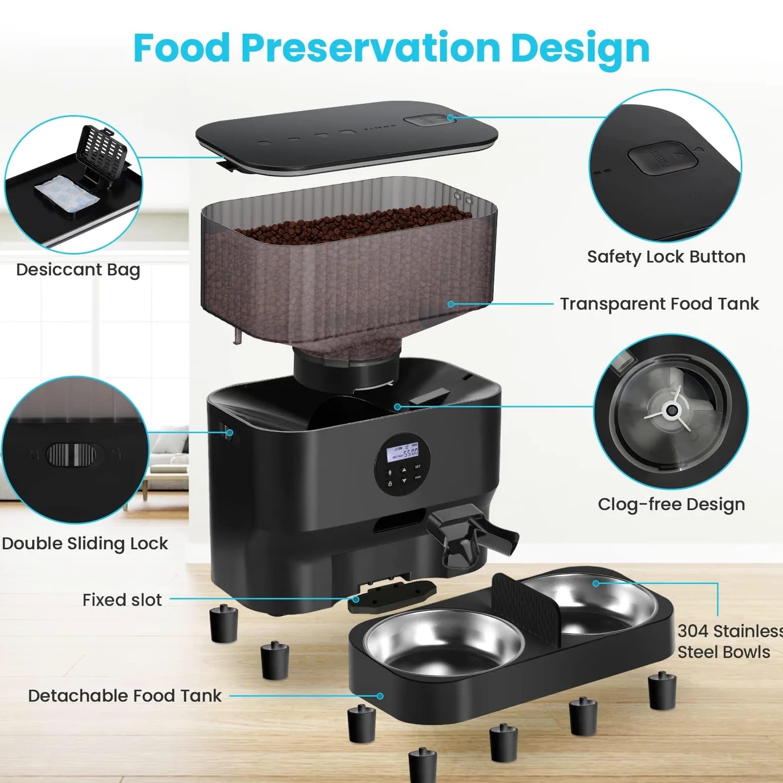Sailvono - Comedero automático para Gatos y Perros, 5 L, con Dos Cuencos de Acero, Control de porciones, grabación de Voz, hasta 4 Comidas al día, Color Blanco