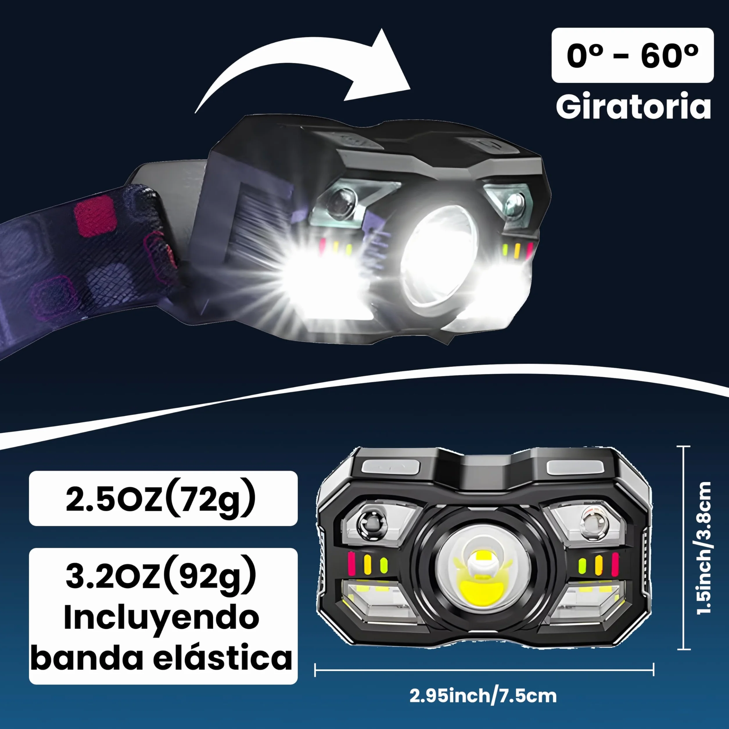 Linterna Frontal LED Recargable Alta Potencia 2000L IPX5 Impermeable 6 Modos Sensor Movimiento