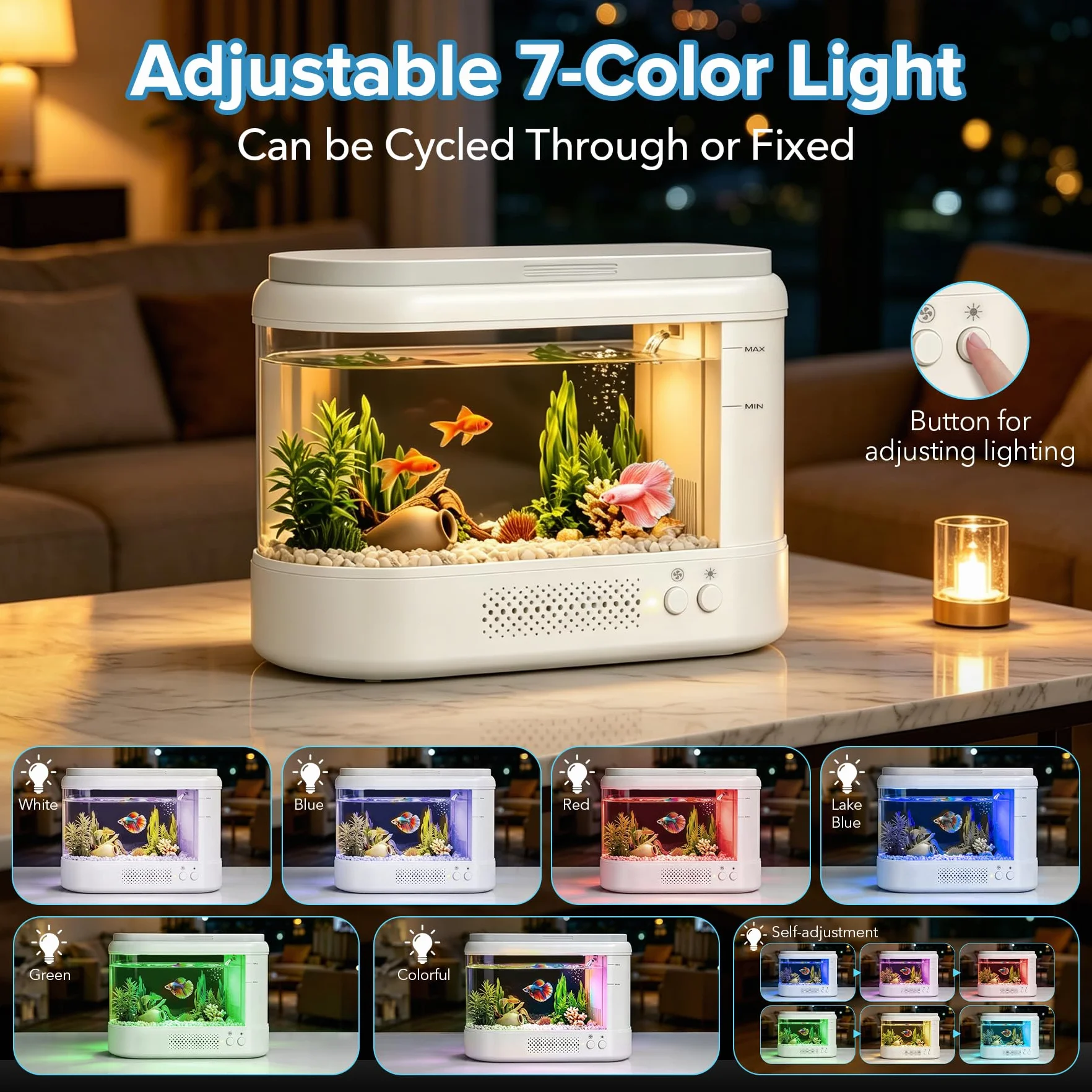 3,7L Acuario Pequeño Kit de Inicio,Blanco Aquario Acrílico con Sistema de Filtrado e Iluminación LED, Pecera Pequeña de Mesa para Peces Betta, Plantas y Gambas