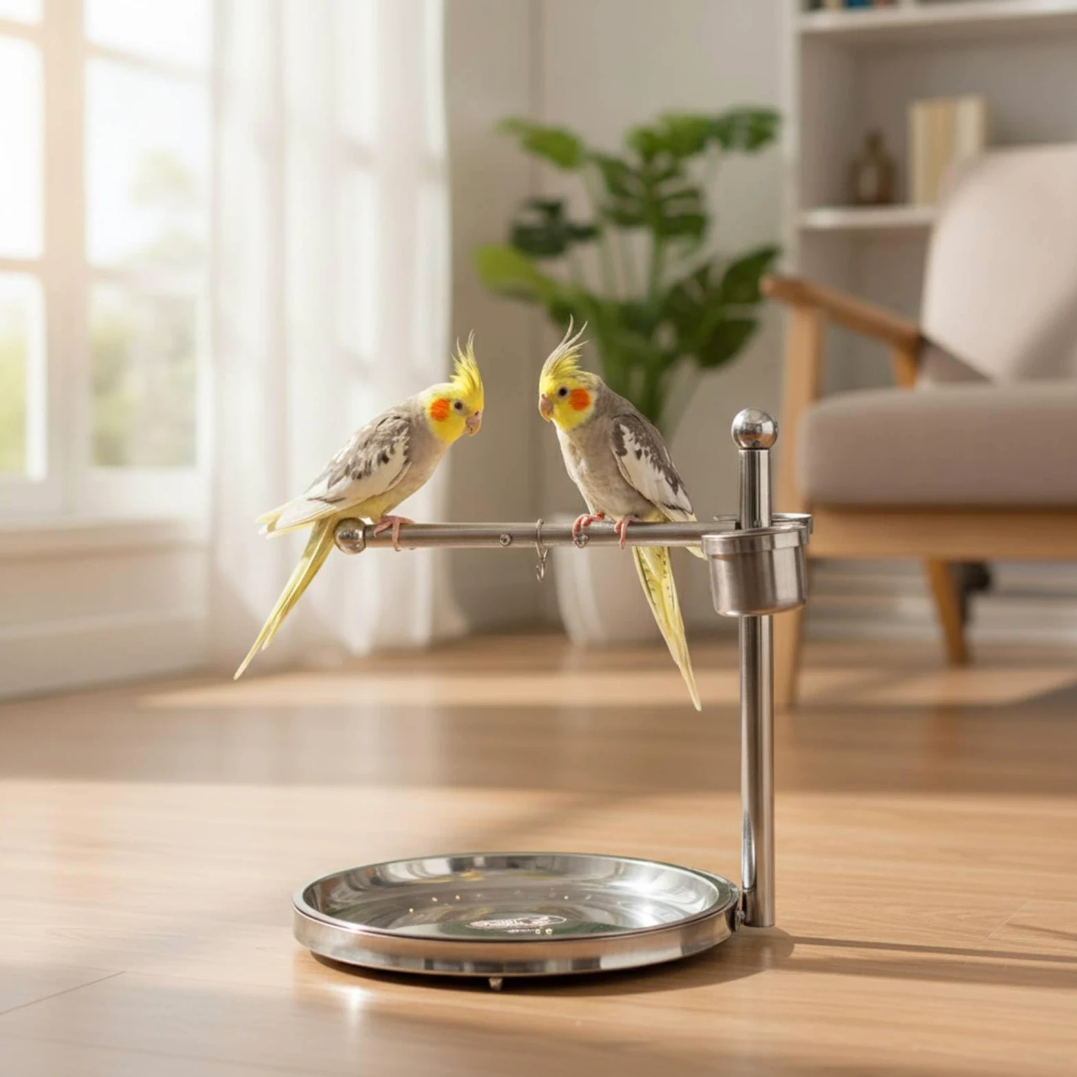 Milageto Avian Perch Stand Percha Ave Soporte, Soporte De Pie De Pájaro De Acero Inoxidable Tipo 7 con Bandeja Redonda - Grande