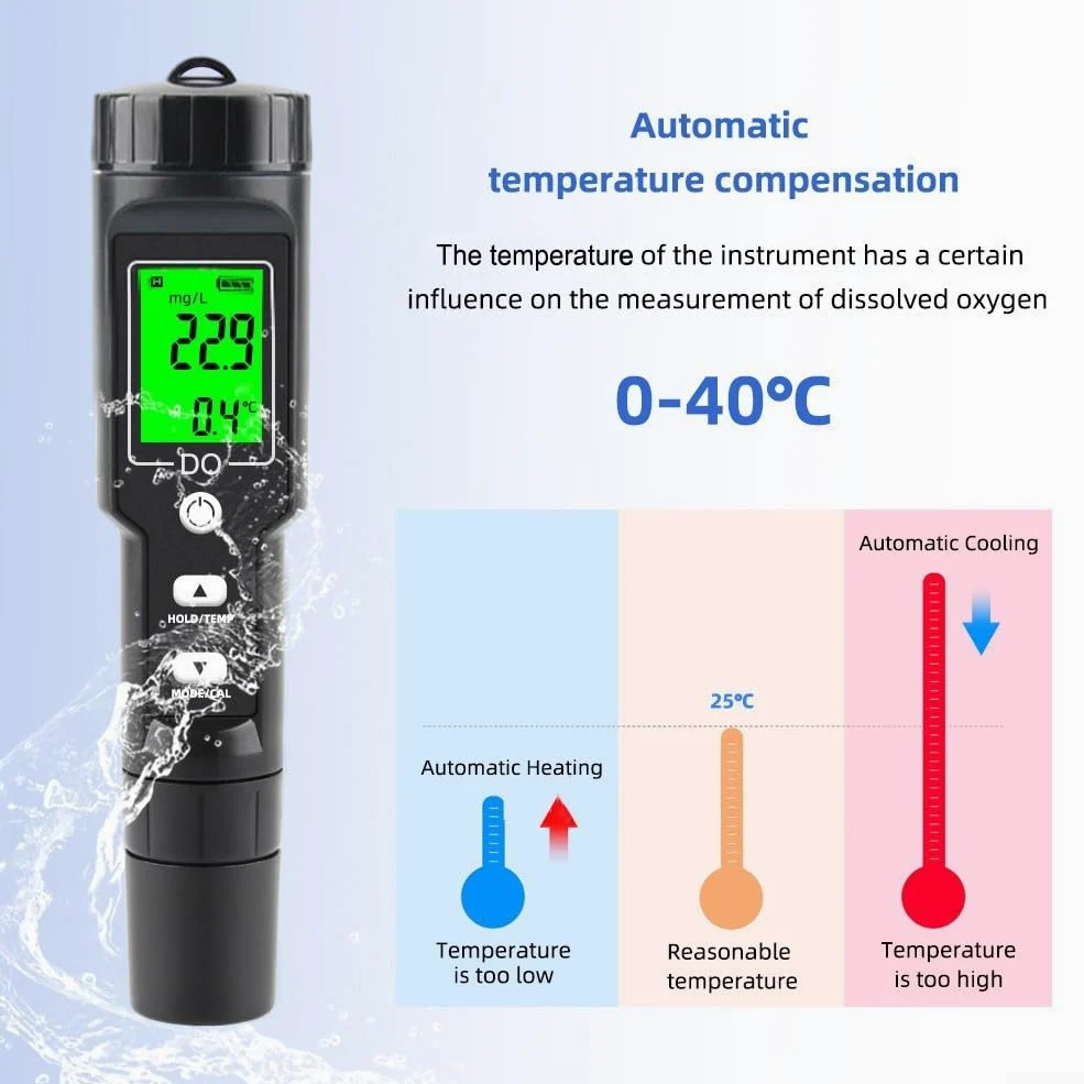 Medidor de oxígeno disuelto Probador digital de calidad del agua con ATC para acuarios piscinas elaboración de cerveza para estanques koi Análisis de laboratorio hidropónico
