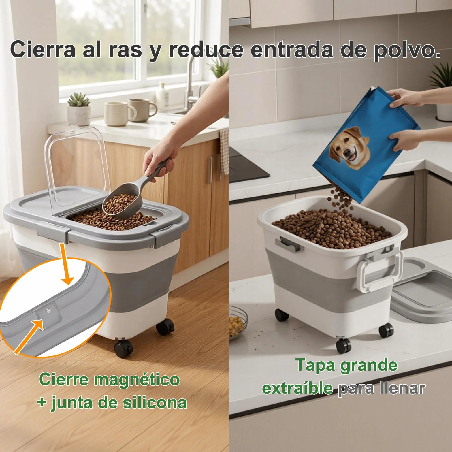 FUSHITON Gran Contenedor de Comida para Perros Plegable con Ruedas 24L/17,5kg – Recipiente Hermético para Pienso con Clip y Junta de Silicona, Incl. Pala + Taza Medidora 1000ml, Plegable Gris