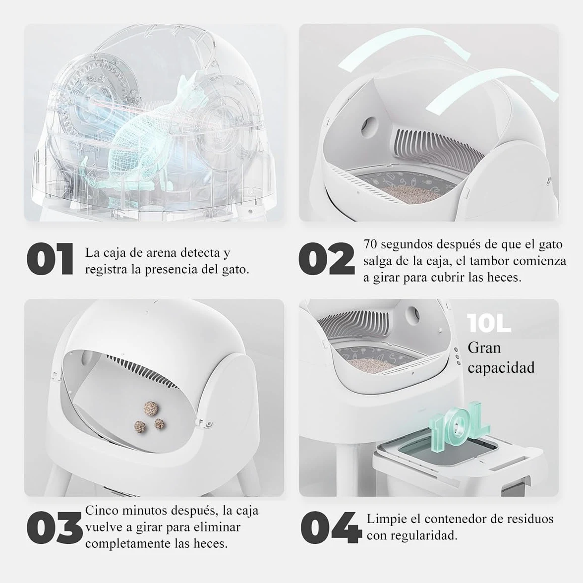 PetPivot Arenero Autolimpiable con Diseño Abierto y Gran Capacidad, Modos Automáticos y Manuales, Limpieza Rápida y Fácil de Palear, Ideal para Hogares con Varios Gatos