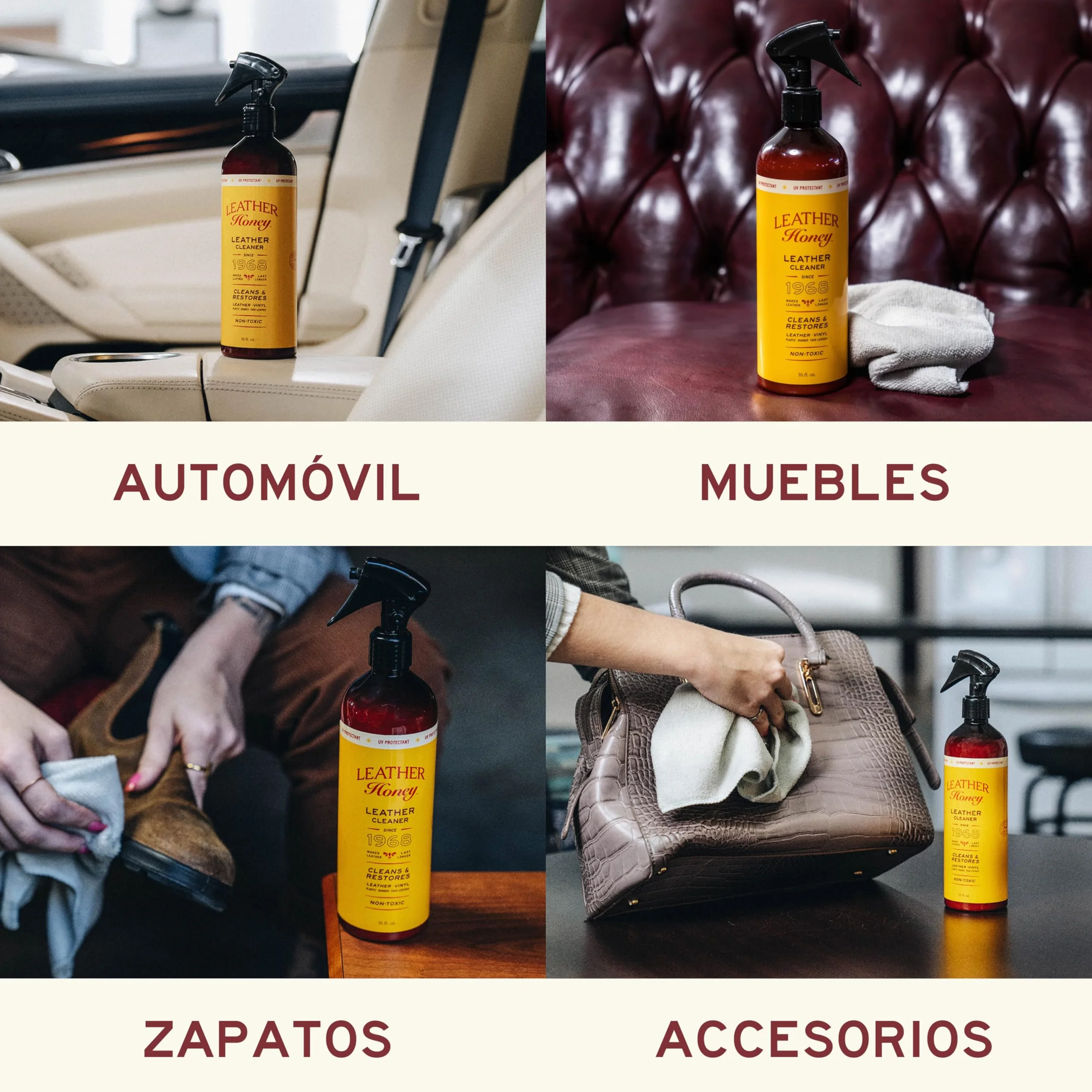 Spray limpiador Leather Honey: protector UV, no tóxico y fabricado en EE. UU. desde 1968. Limpia y protege cuero, imitación y vinilos, coches, bolsos, zapatos, etc. Seguro para cualquier color.