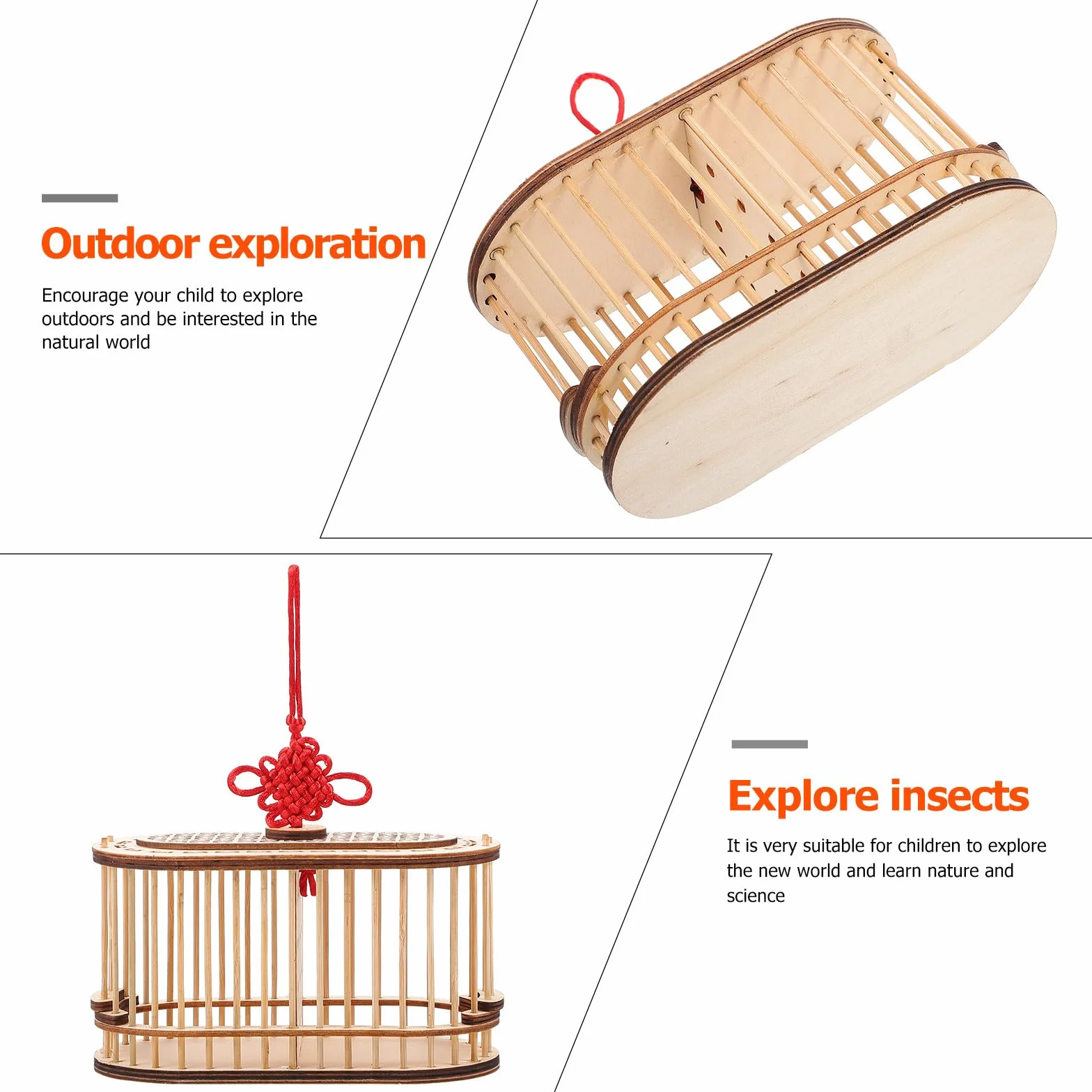 Jaula de Madera para Grillos Portátil, Doble Compartimento Ovalado, Pequeña y Ligera, Adecuado para Exteriores y Exploración Infantil, Caja de Almacenamiento Natural y Resistente