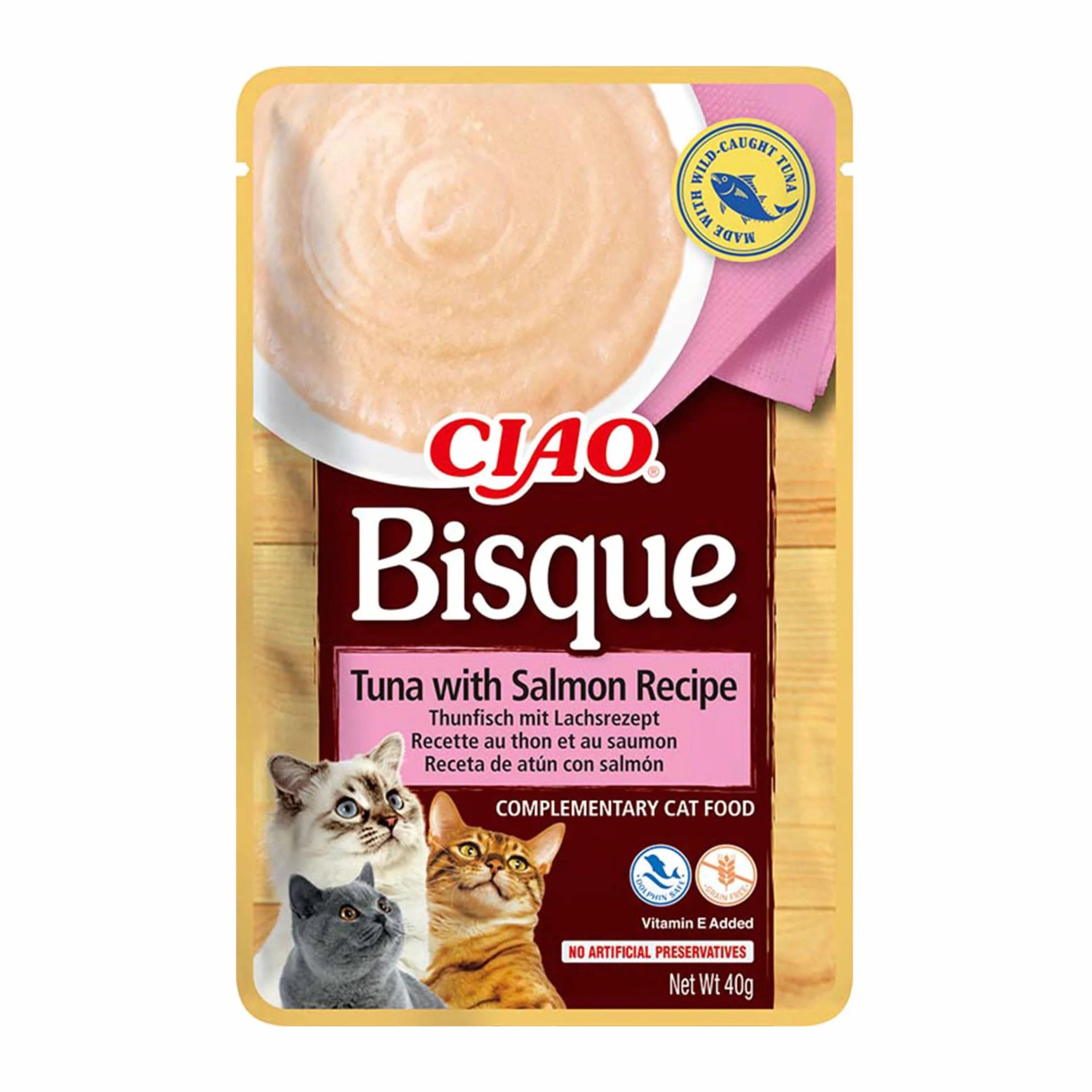 INABA Ciao Bisque - Puré Saludable para Gatos - Receta de Atún y Salmón - Snacks Saludables - Premios Sin Cereales, Sin Conservantes, Sin Colorantes - Sólo 16 Calorías - 40g