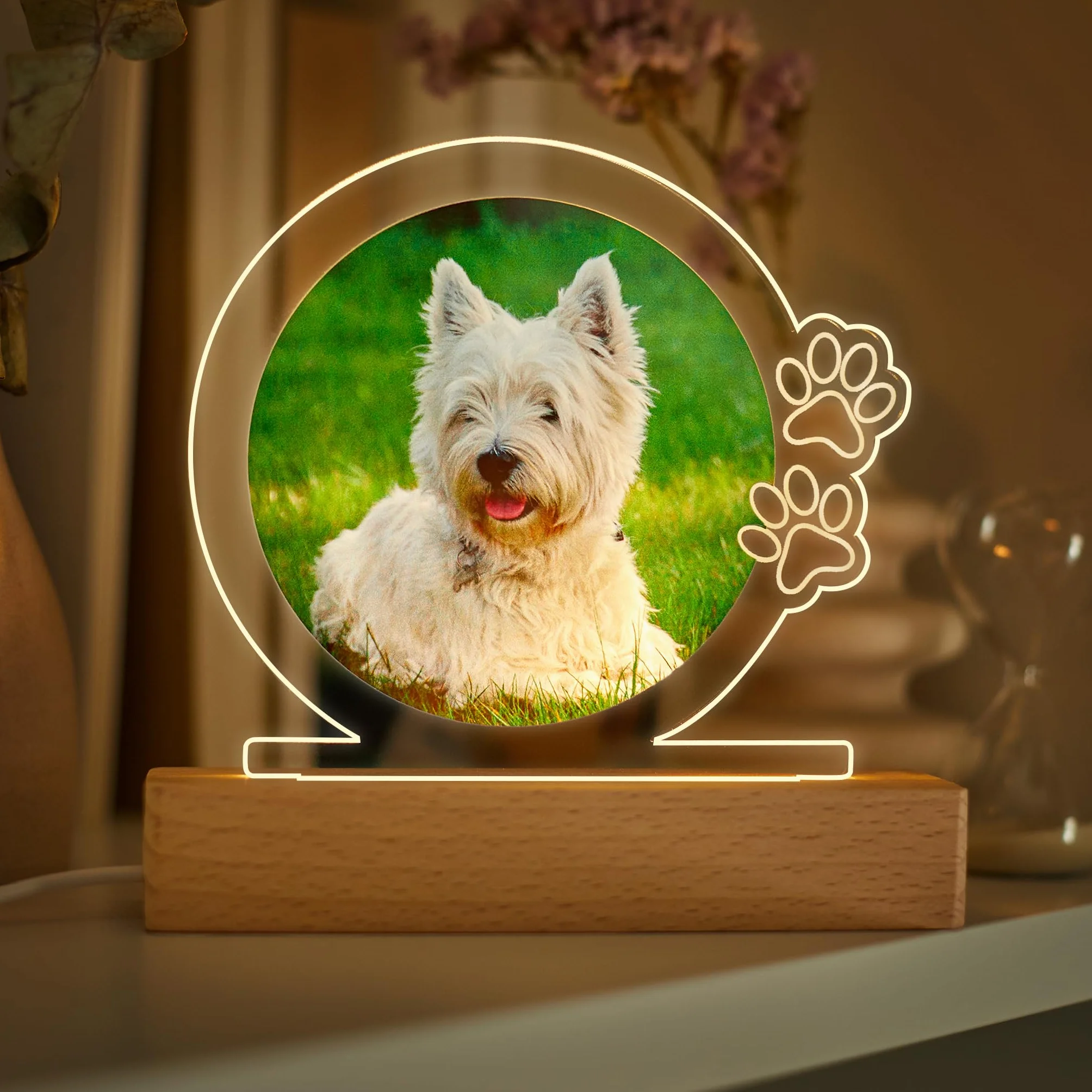 Transparent Gift Lámpara Personalizada con Foto de Mascota y Huellas. Regalos Originales y Personalizados para Amantes de los Animales. Placas Conmemorativas para Mascotas. Placa Luminosa Metacrilato