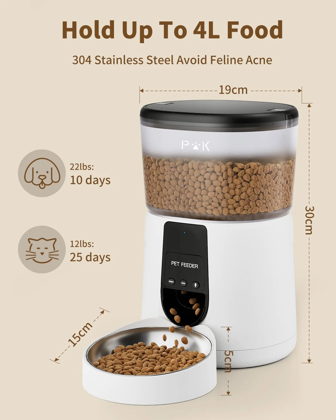 PUPPY KITTY Comedero Gato Automatico, 2.4G WiFi 4L Dispensador Comida Gatos con Bol de Acero Inoxidable, App Control, Grabación de Voz 10S, 1-10 Comidas