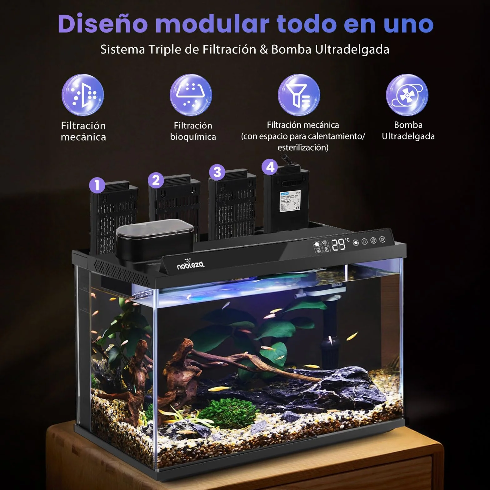 Nobleza Acuario Inteligente 30L - Control por App - Pecera Inteligente con Triple Filtración, Alimentación Remota, Drenaje Automático en 1 Toque - Color Negro