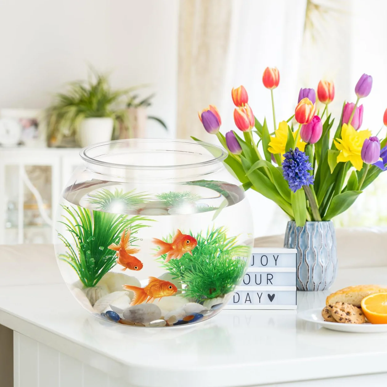 Pecera De Plástico Transparente Redonda De 8.66 Pulgadas para Escritorio Acuario Pequeño Portátil para Peces Y Tortugas Decoración para Hogar Y Oficina