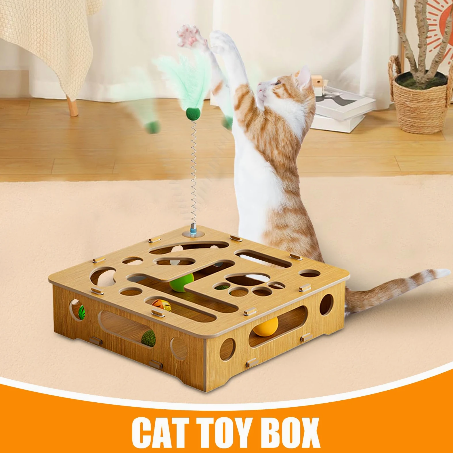 Juguete de rompecabezas para gatos, juguetes interactivos, caja de madera con plumas y bolas, para gatos de interior