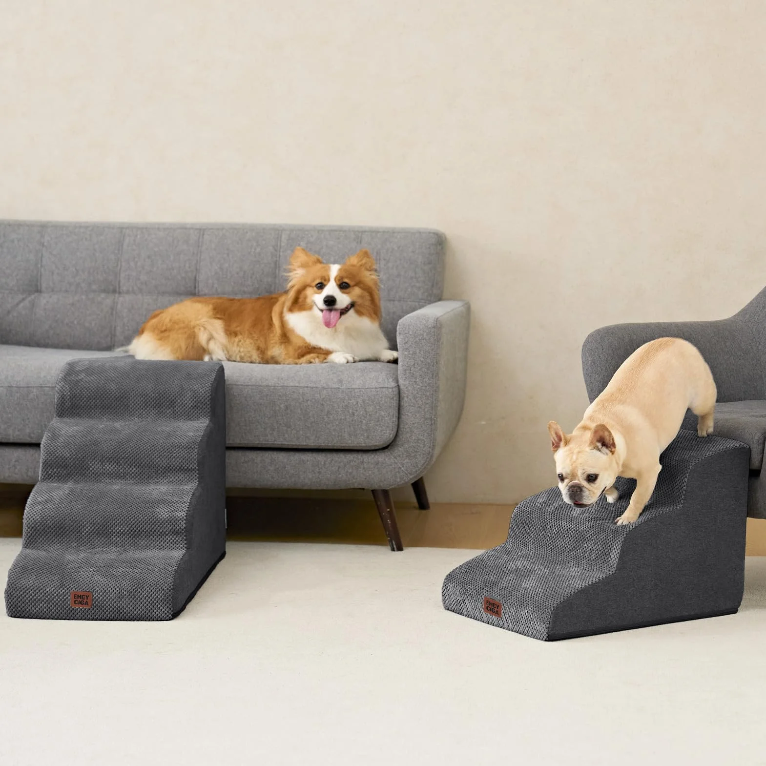 EHEYCIGA Escalera para Perros Pequeños 3 Peldaños, 40x57x40 cm, Rampa para Perros de Espuma para Cama, Escalera para Mascotas Mayores con Funda Lavable y y Fondo Antideslizante, Gris