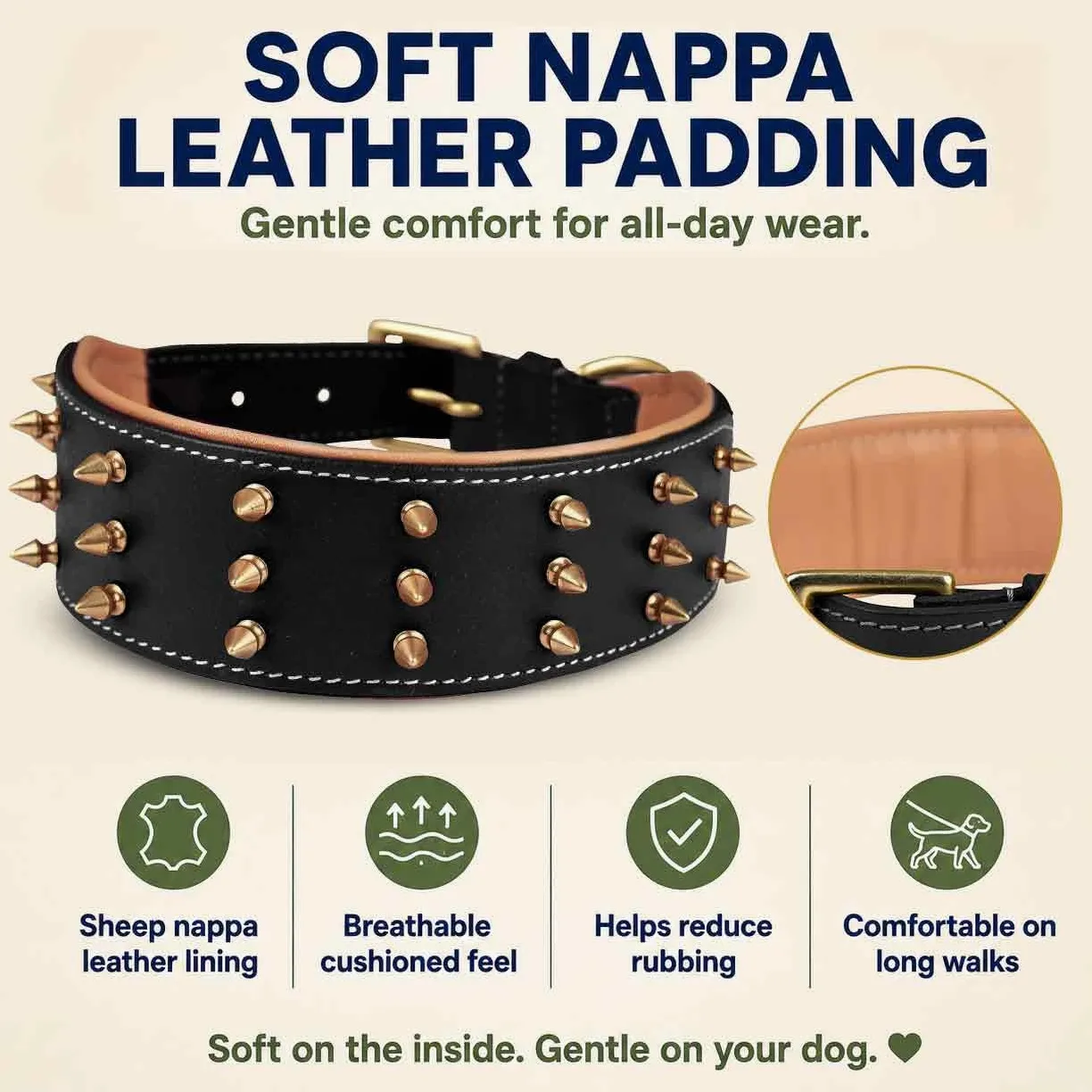 Collar de Cuero con Pinchos para Perros Grandes, Collar de 5 cm de Ancho para Perros Grandes, Collar de Perro Negro, auténtico, de Grano Completo, Resistente, cómodo, Acolchado, (L (para