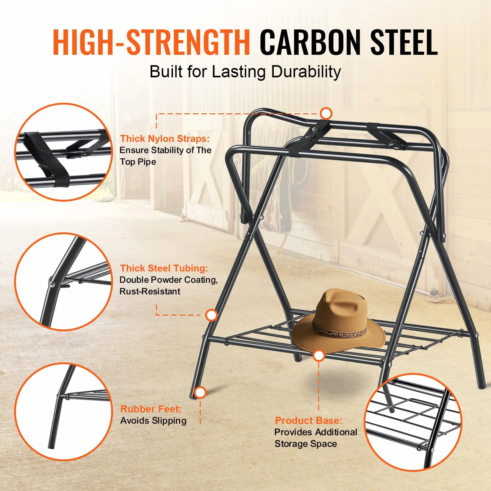 VEVOR Soporte Plegable para Sillín de Caballo de 71 x 48 x 95 cm, Soporte Independiente para Mantas de Caballo Carga de 60 kg, Soporte de Acero Resistente para Sillín Inglés y Occidental, Negro