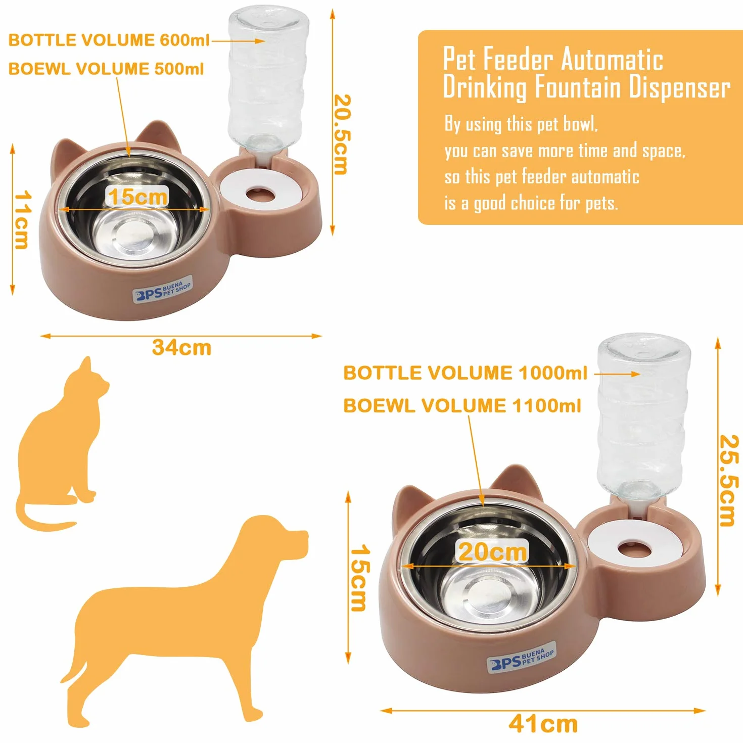 BPS Comedero y Bebedero Automático para Gatos y Perros Antisalpicaduras Dispensador Agua Alimentador Automatico Fuentes para Mascotas Tamaño M/L (M) BPS-5720